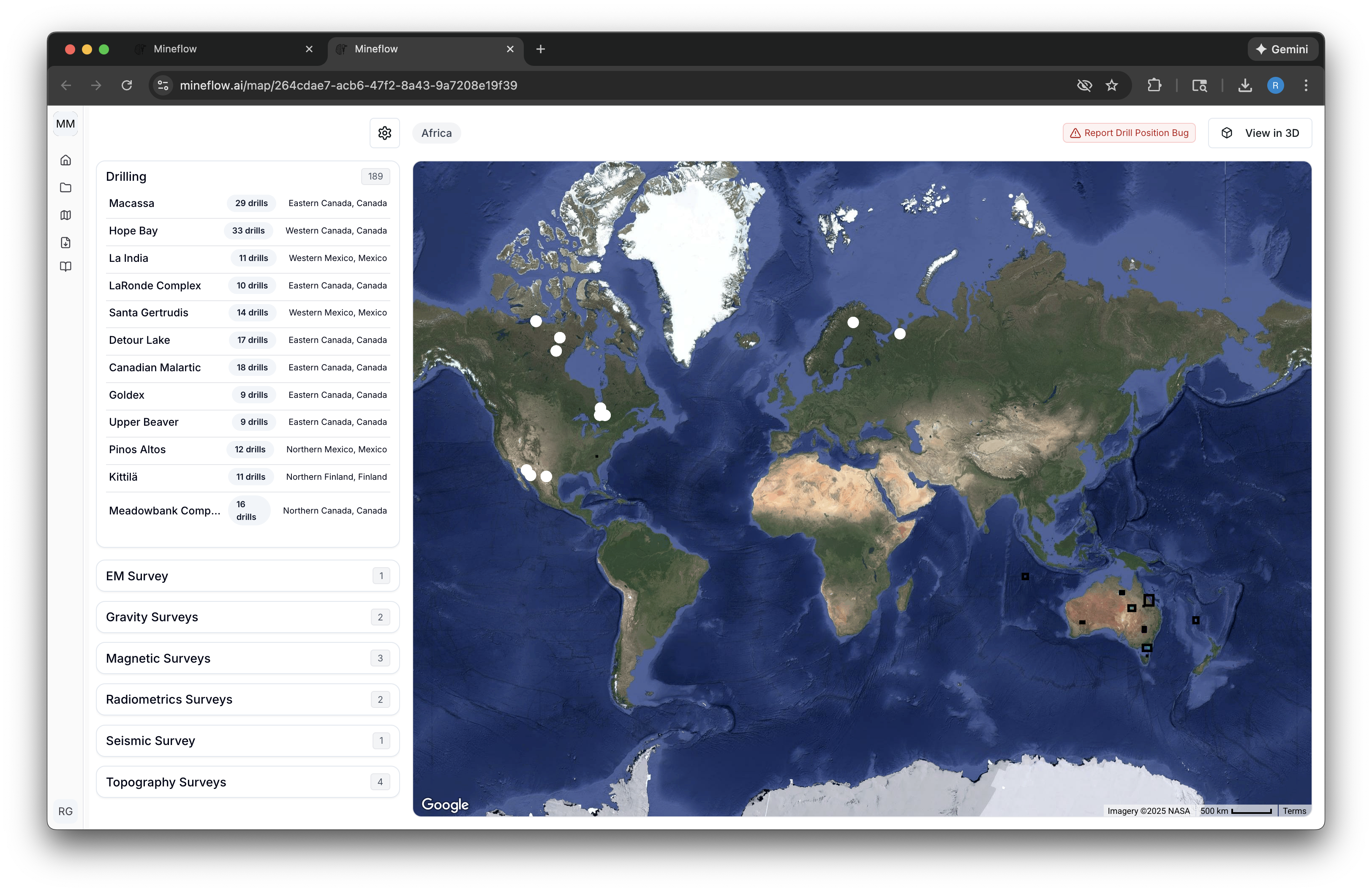 Mineflow map showing drill data together with airborne datasets