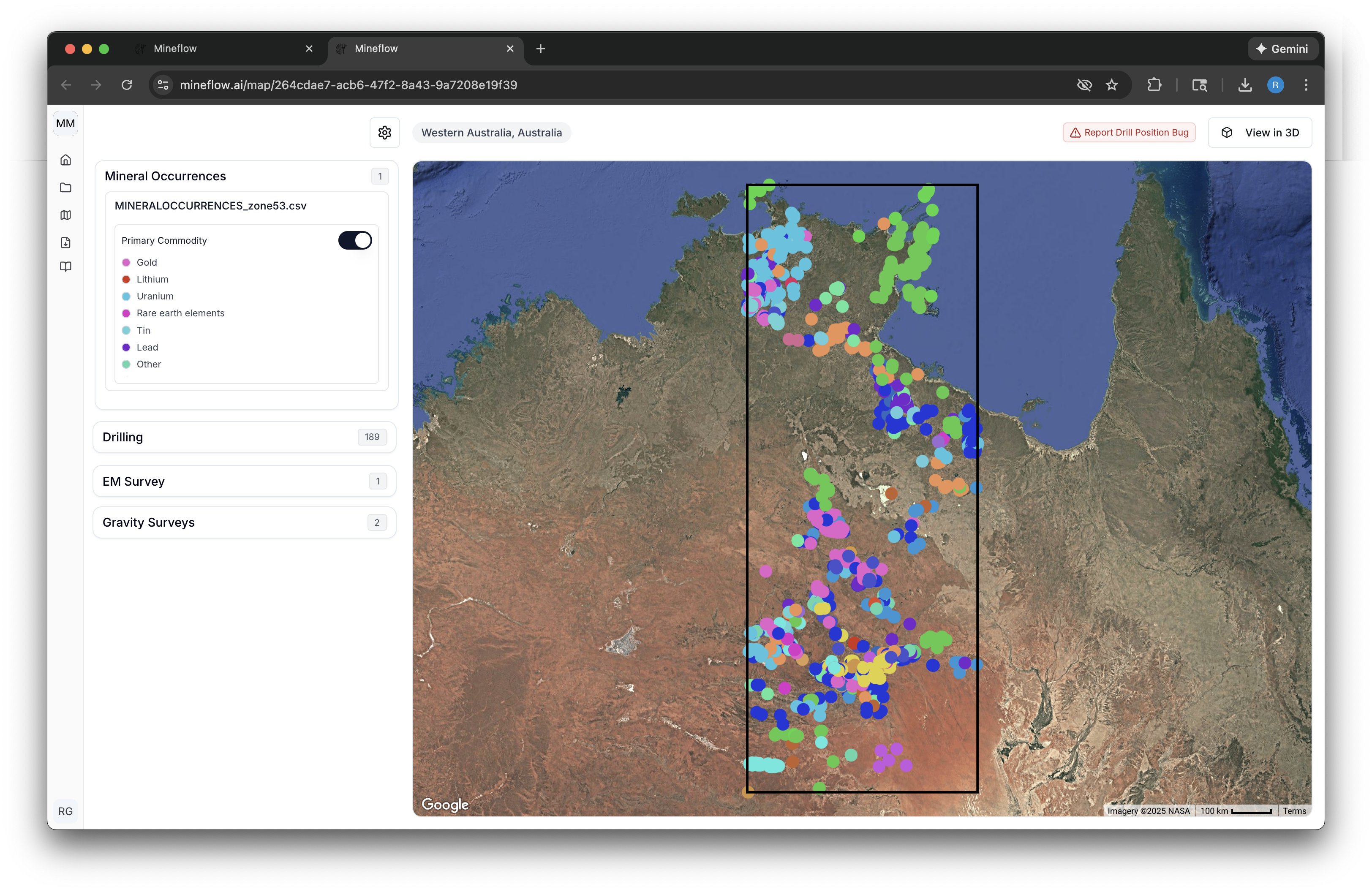 Mineral occurrence points layered over magnetic data