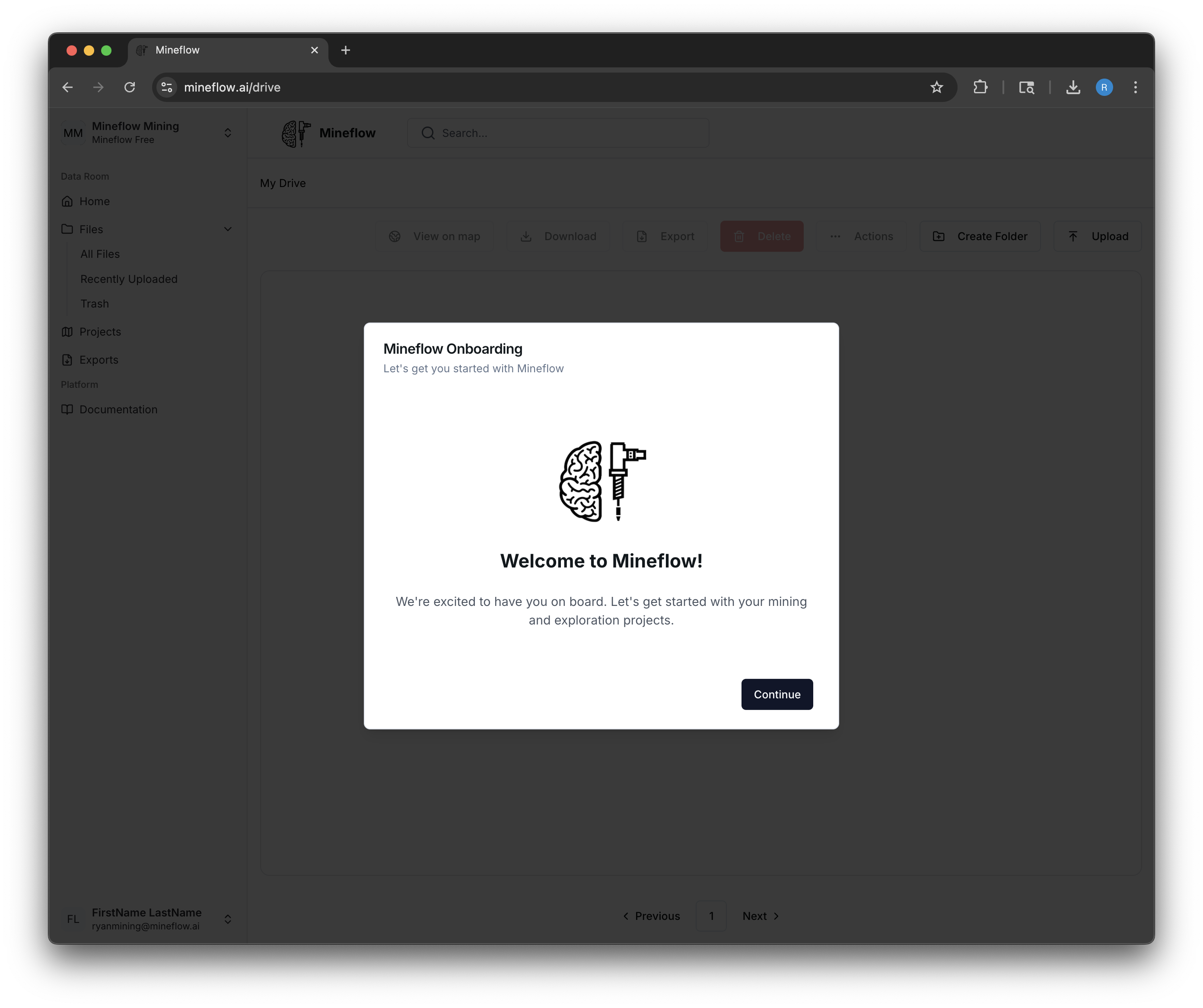 Mineflow welcome screen