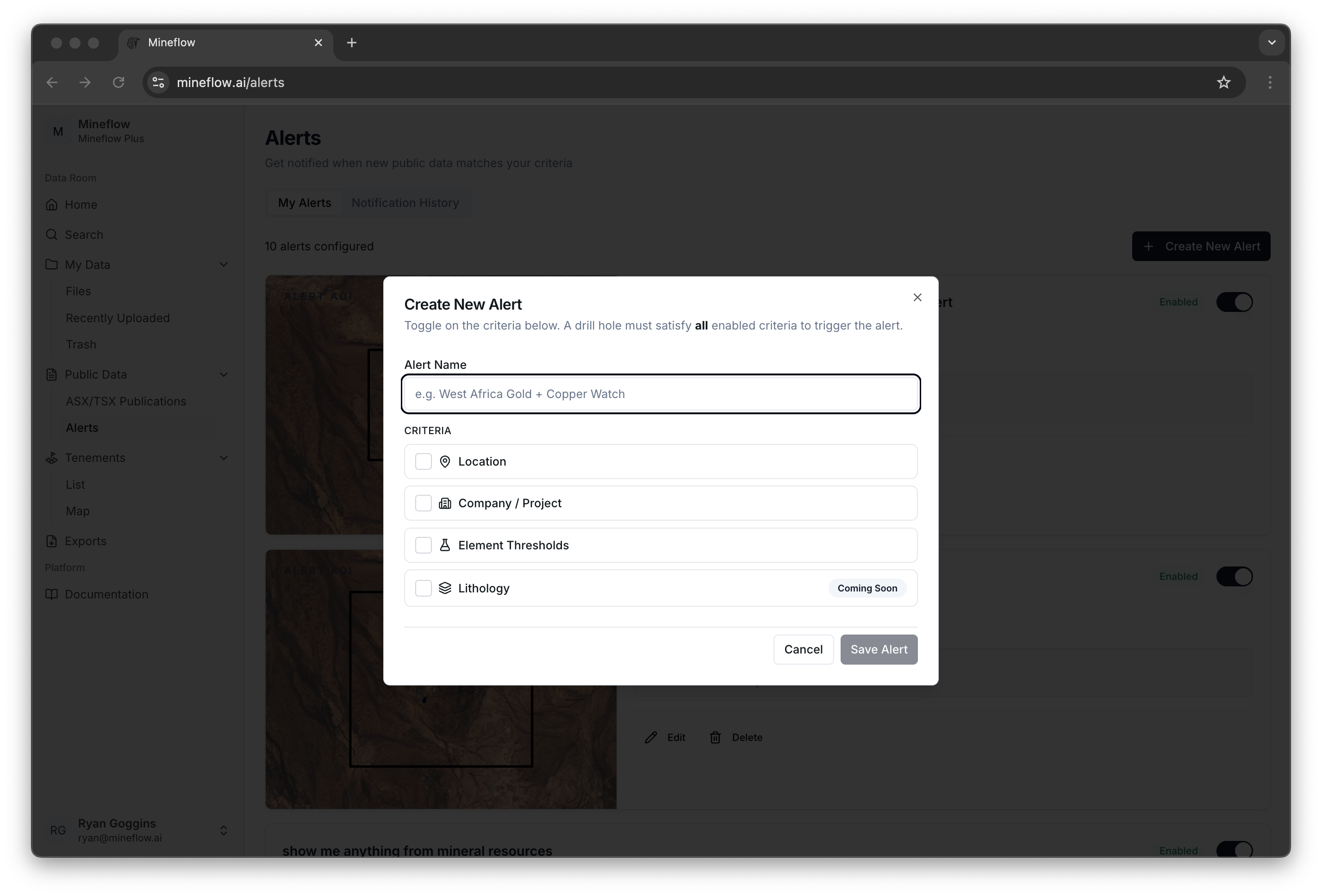 Create New Alert dialog showing alert name and available criteria types.
