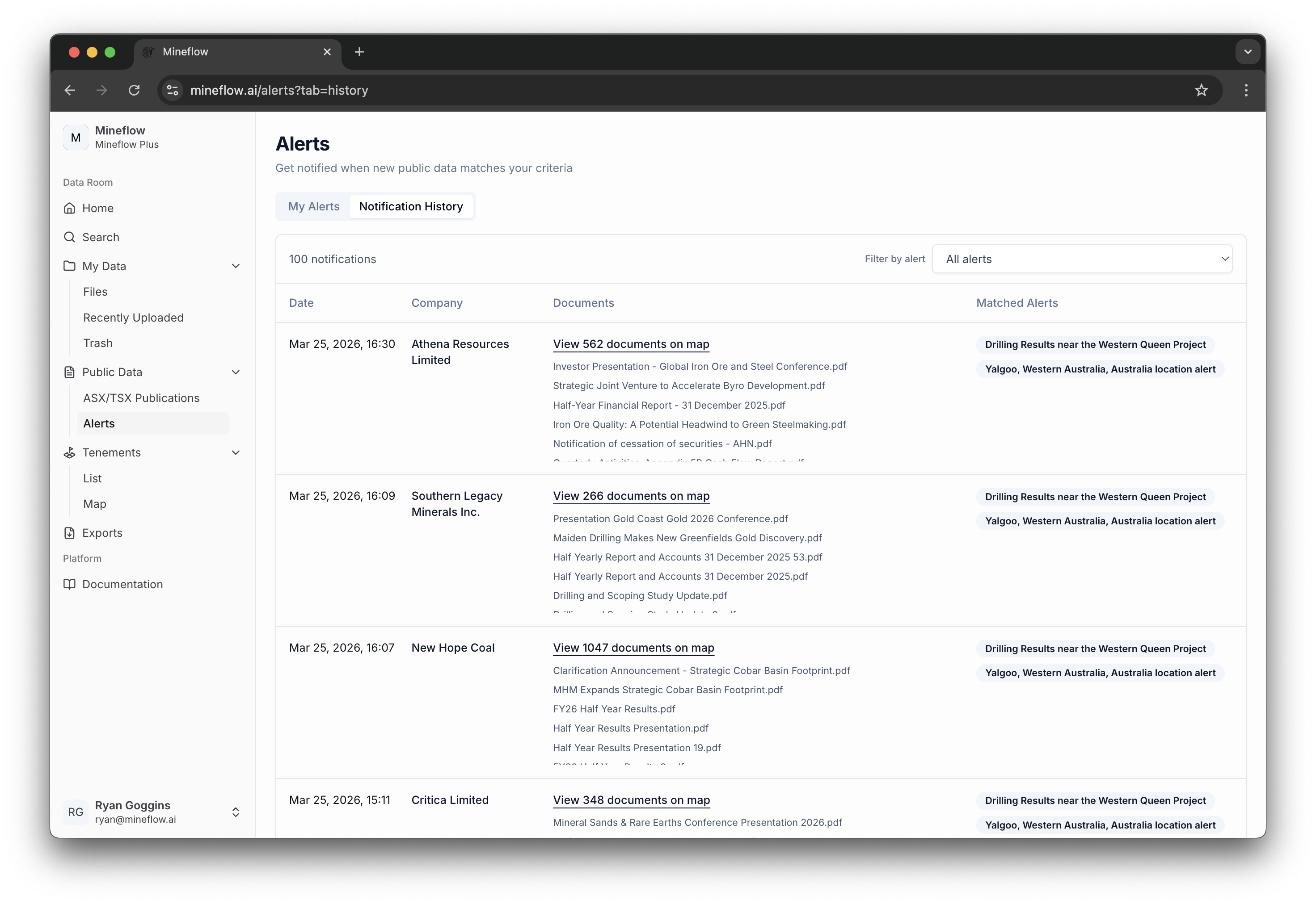 Alert notification history table showing companies, matched documents, and alert labels.