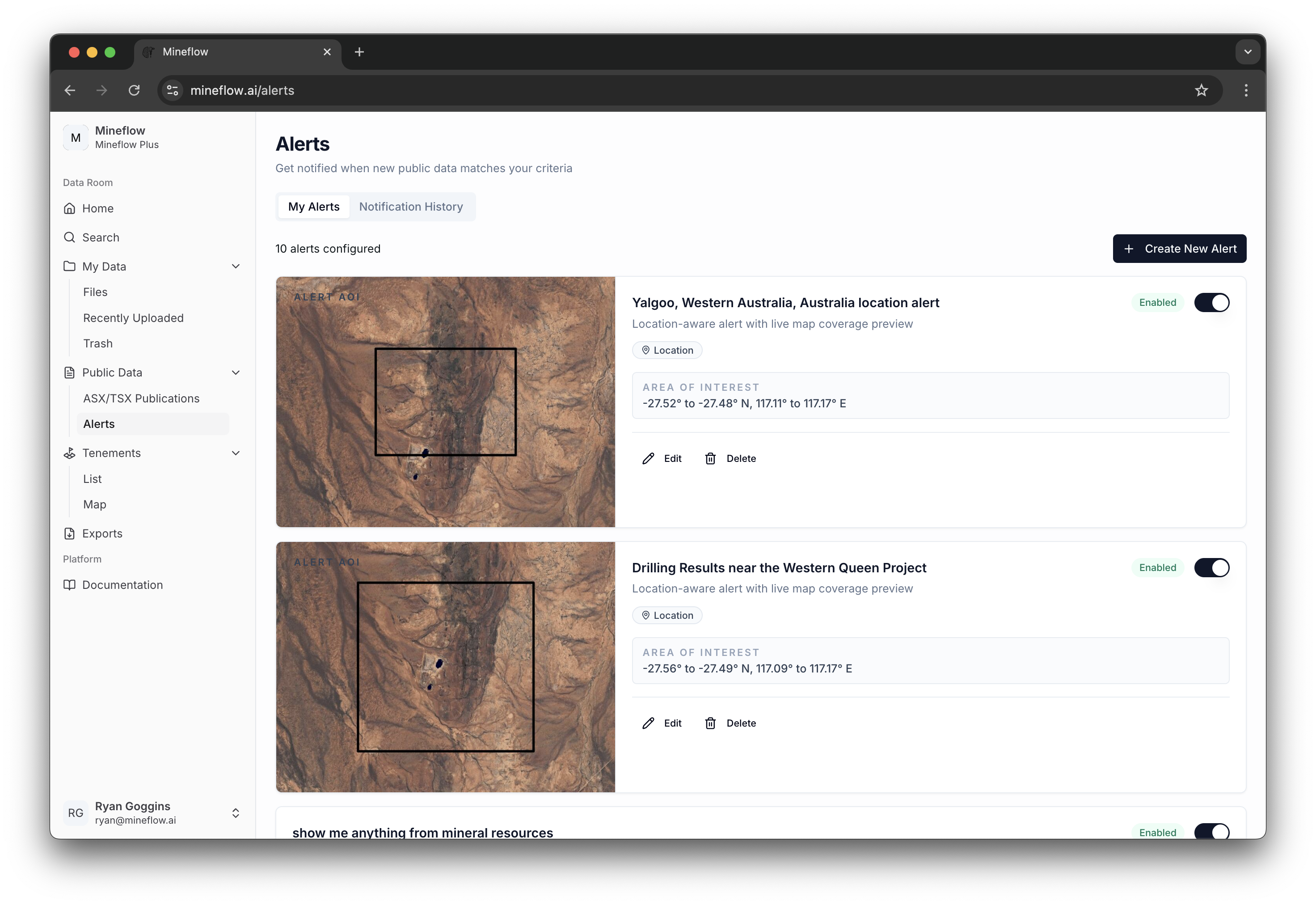 Alerts page showing configured public alert cards with preview maps, status toggles, and edit actions.