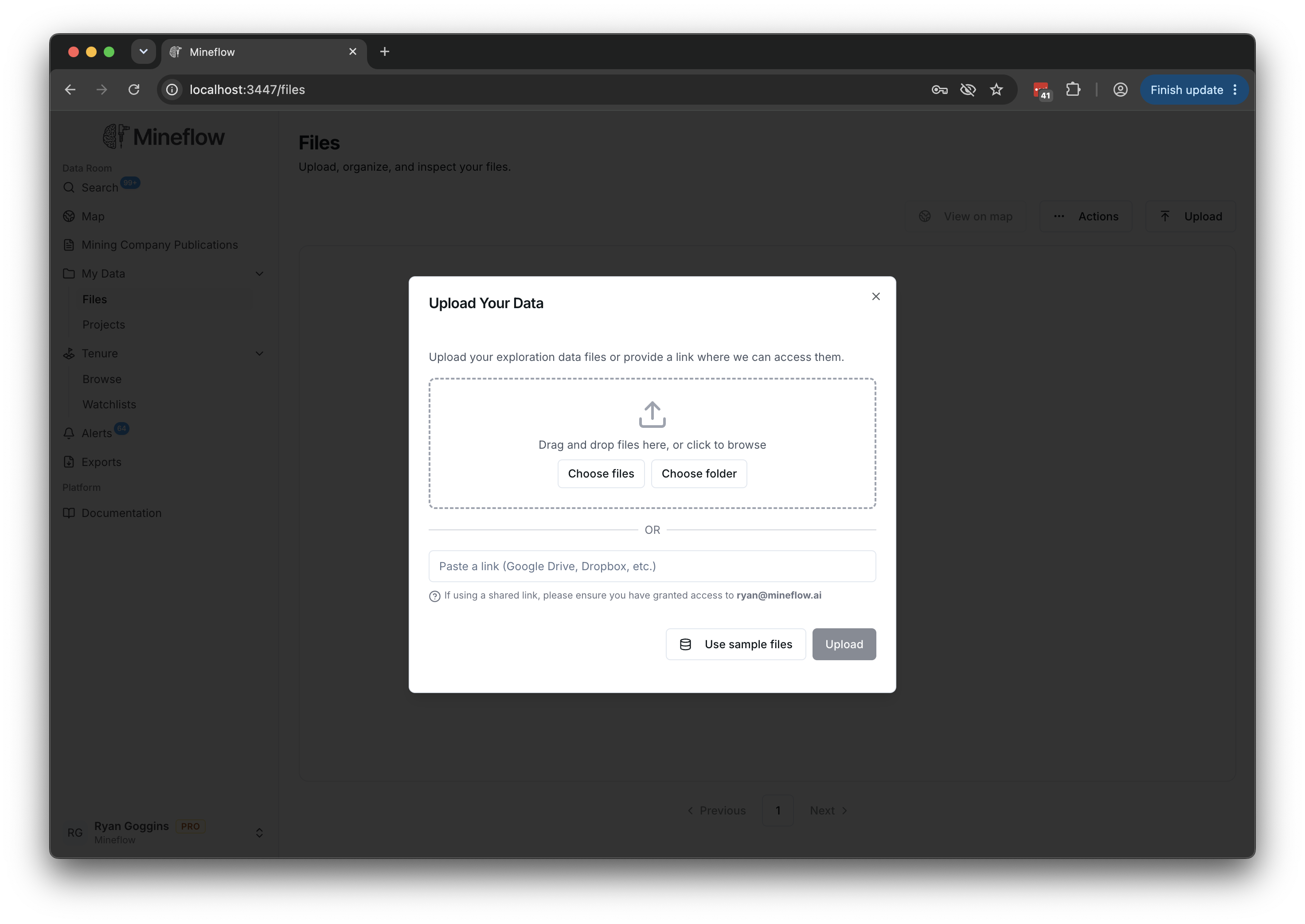 The upload dialog with sample datasets and options for adding exploration files.