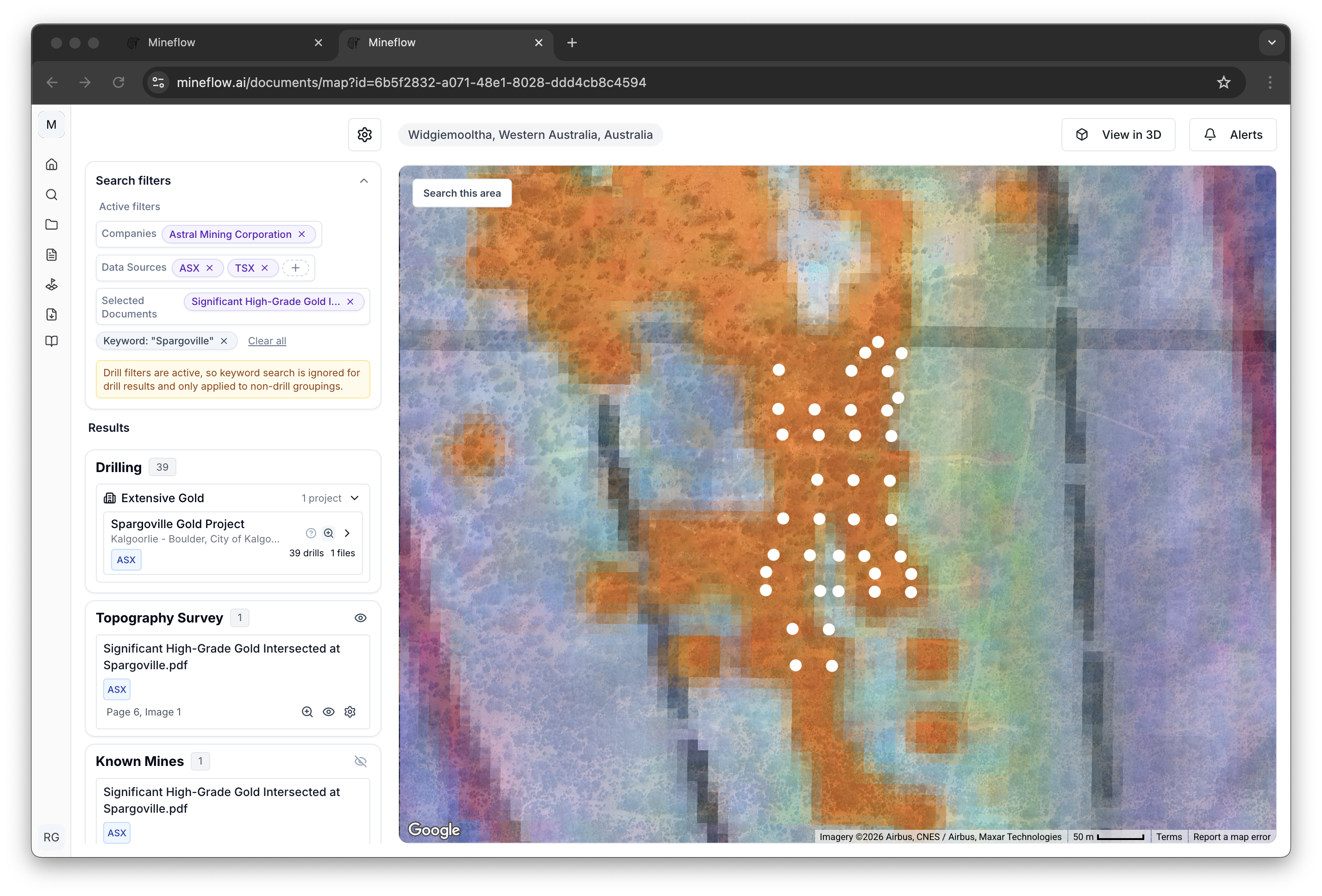 Documents map view opened from the Document on Map action.