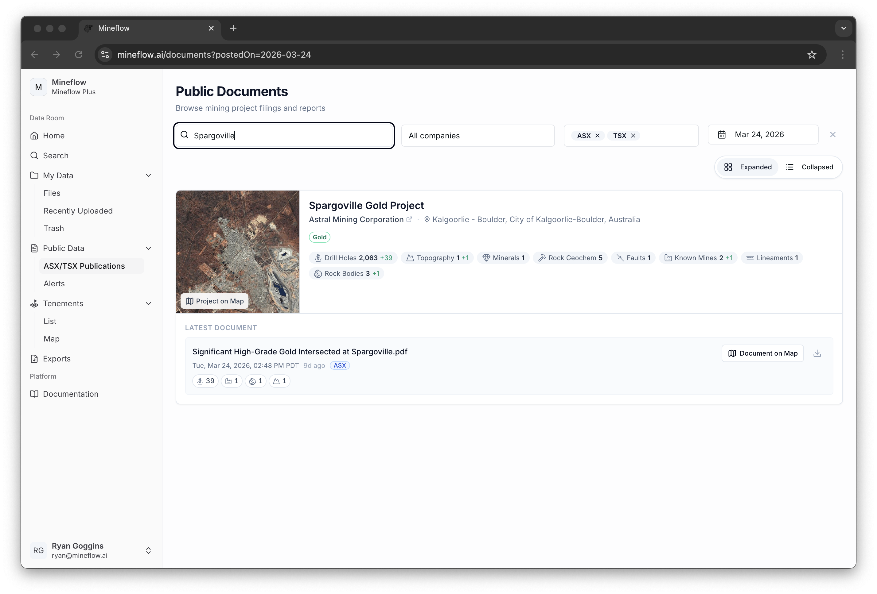 A centered Documents project card showing company, location, data badges, latest document, and action buttons.