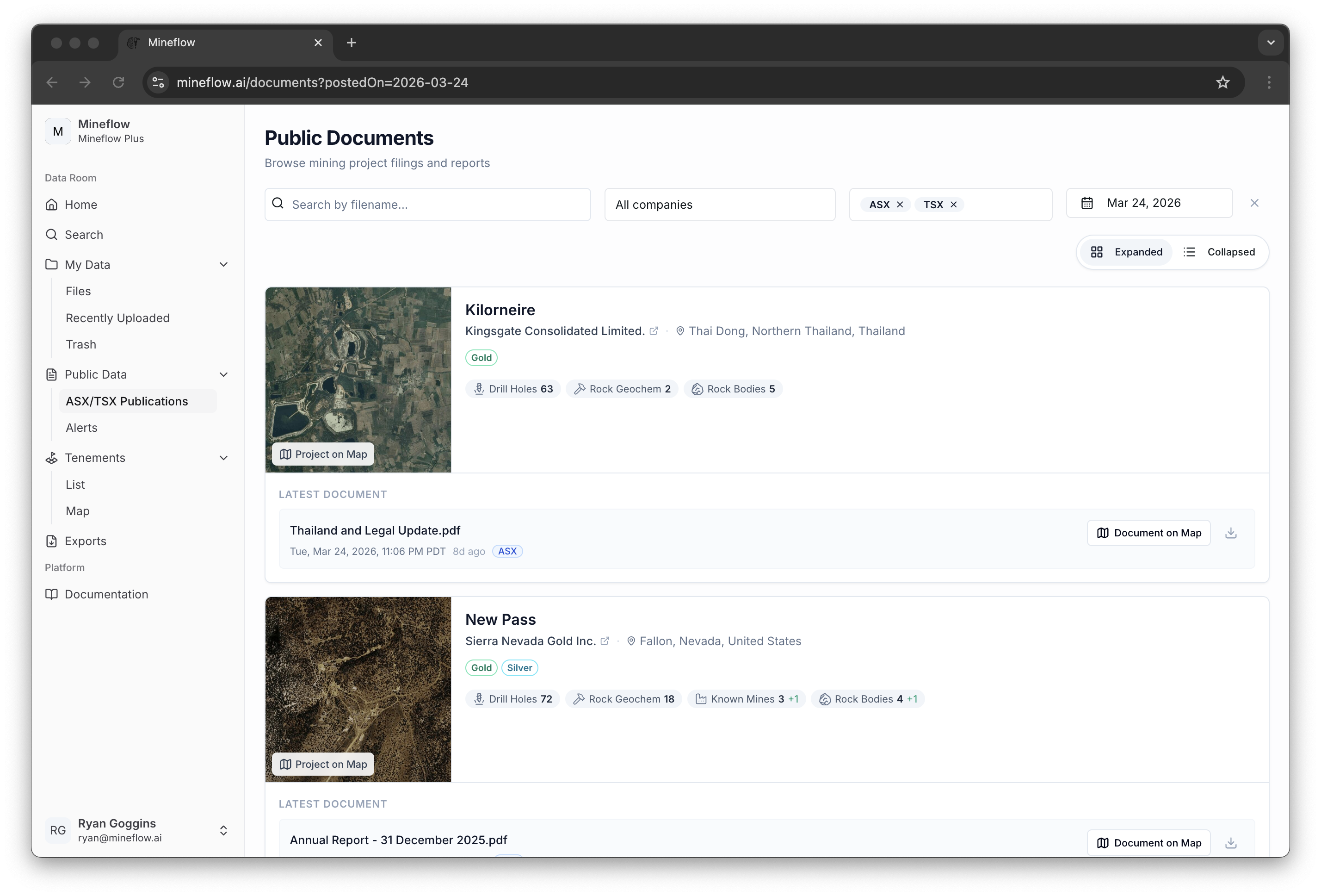 Expanded Documents page showing multiple indexed project cards on March 24, 2026.