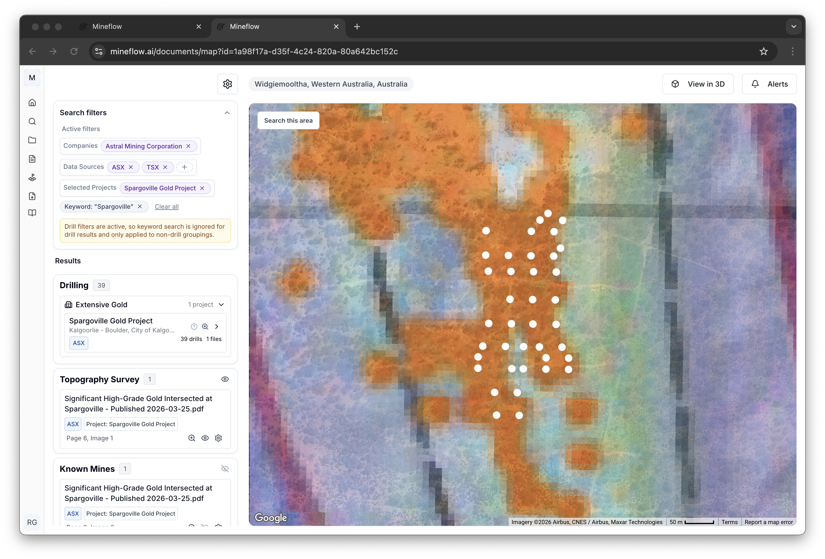 Documents map view opened from the Project on Map action.