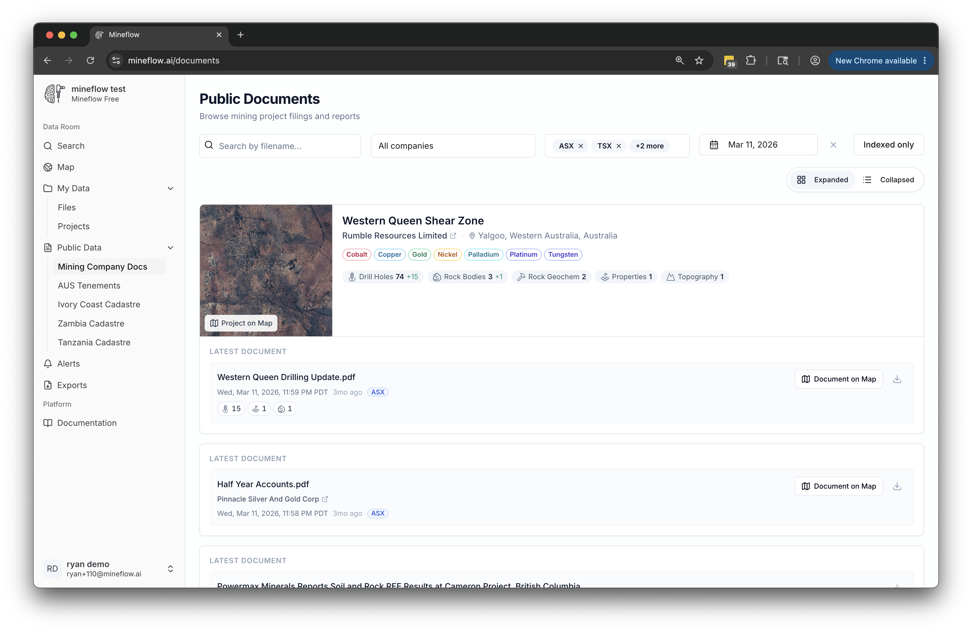 Mining Company Docs page showing project cards, company and source filters, extracted data badges, and document map actions.