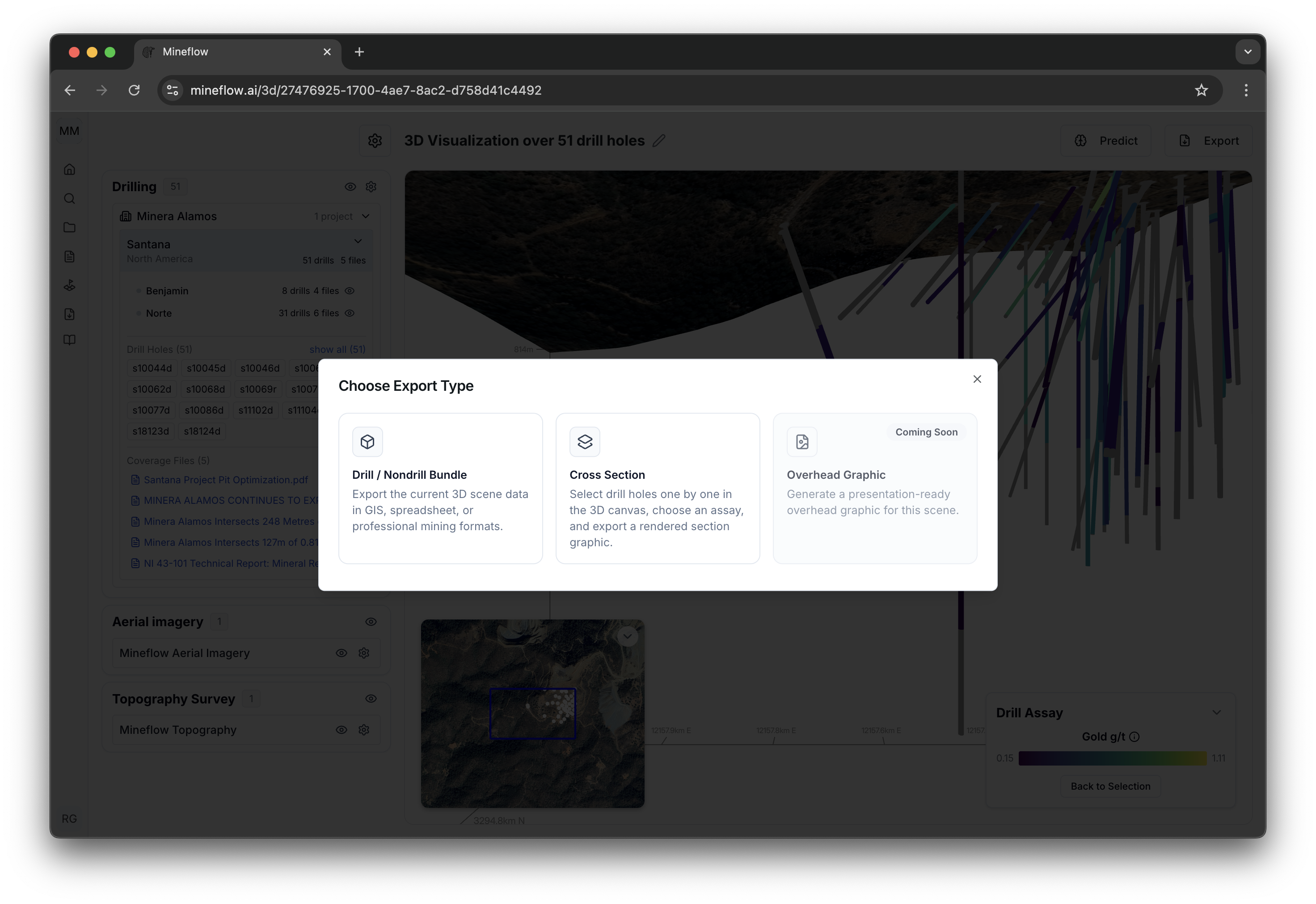 3D export dialog showing available export types including Cross Section.
