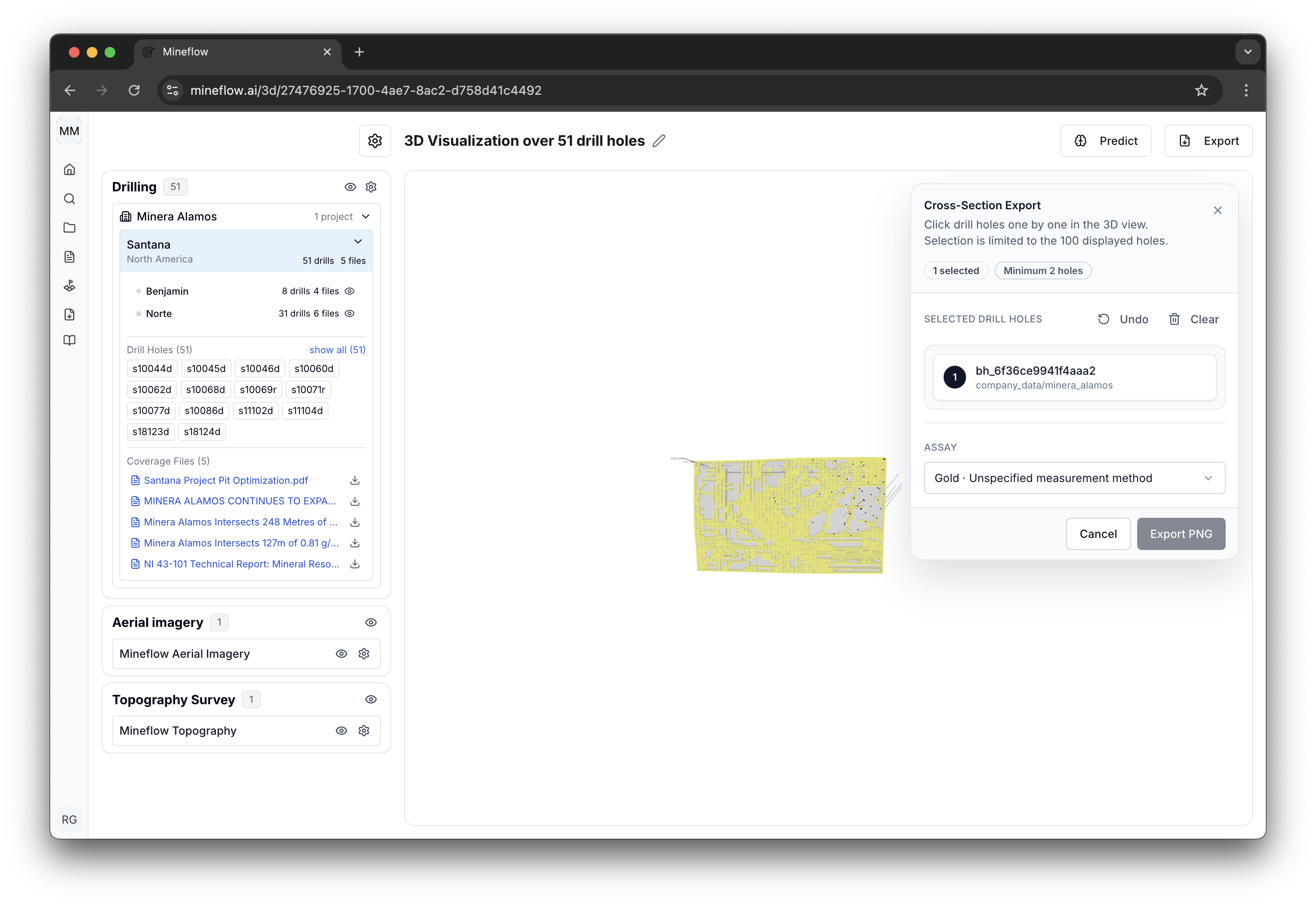 Cross-section export panel on the 3D page.