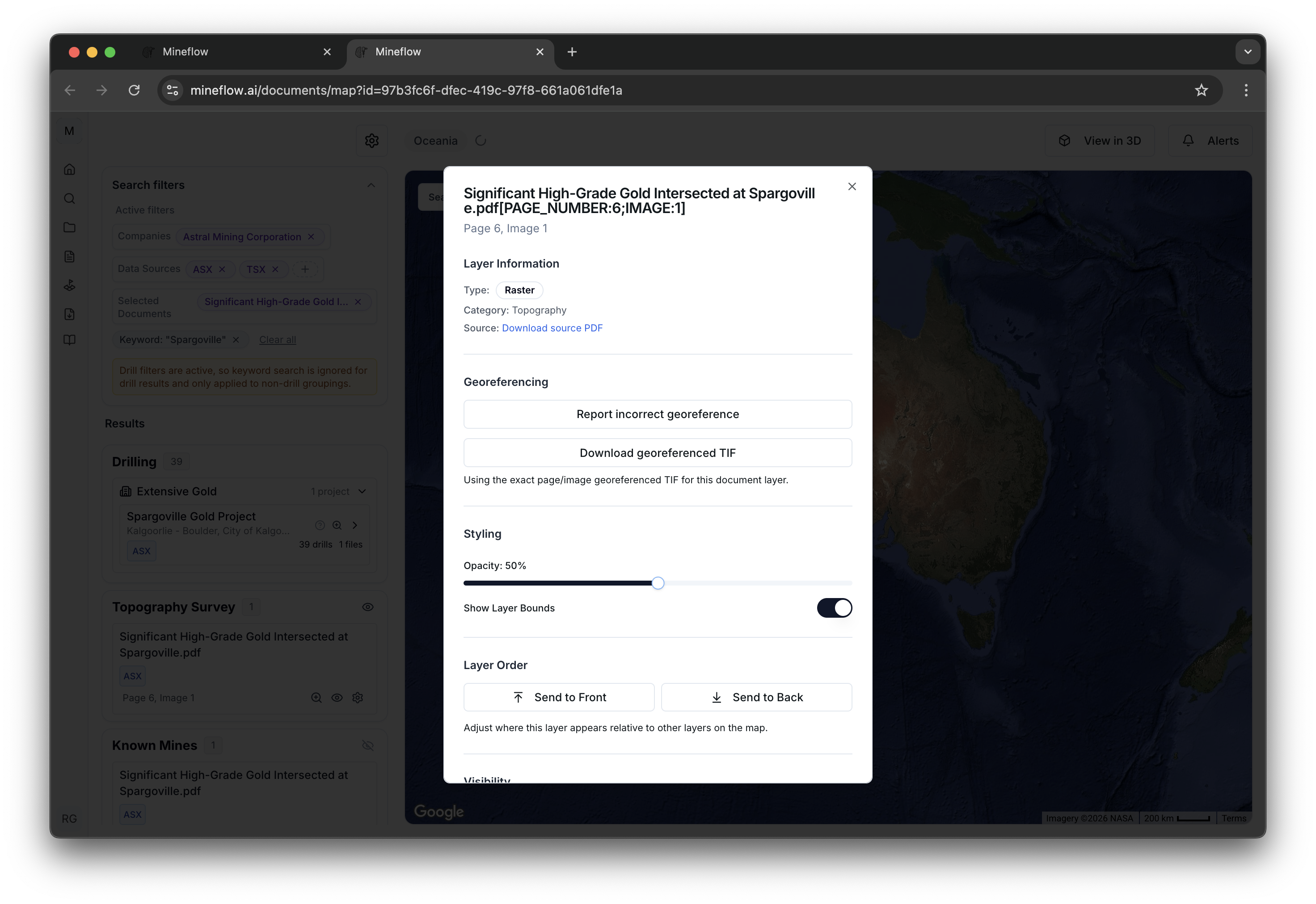 Map layer settings dialog showing the Download georeferenced TIF action.