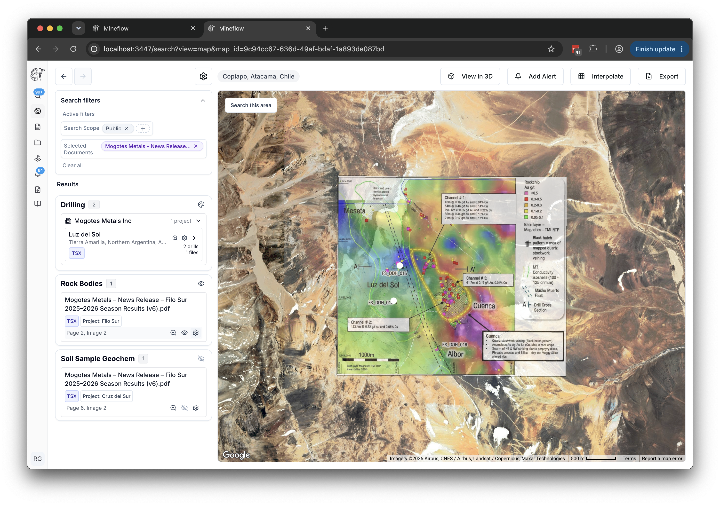 A focused Mineflow map with drilling results listed beside the map.