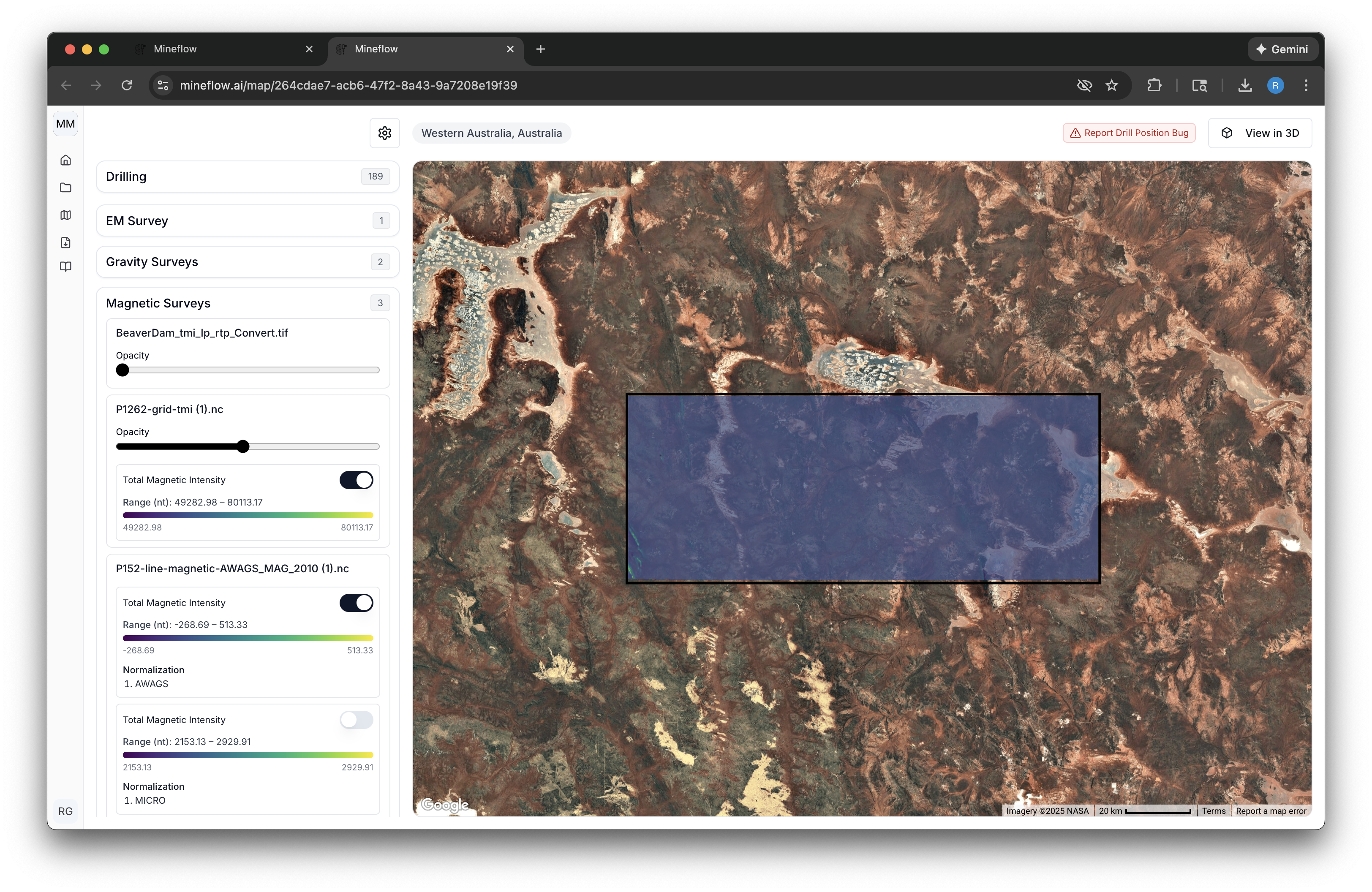 Regional magnetic survey rendered in Mineflow
