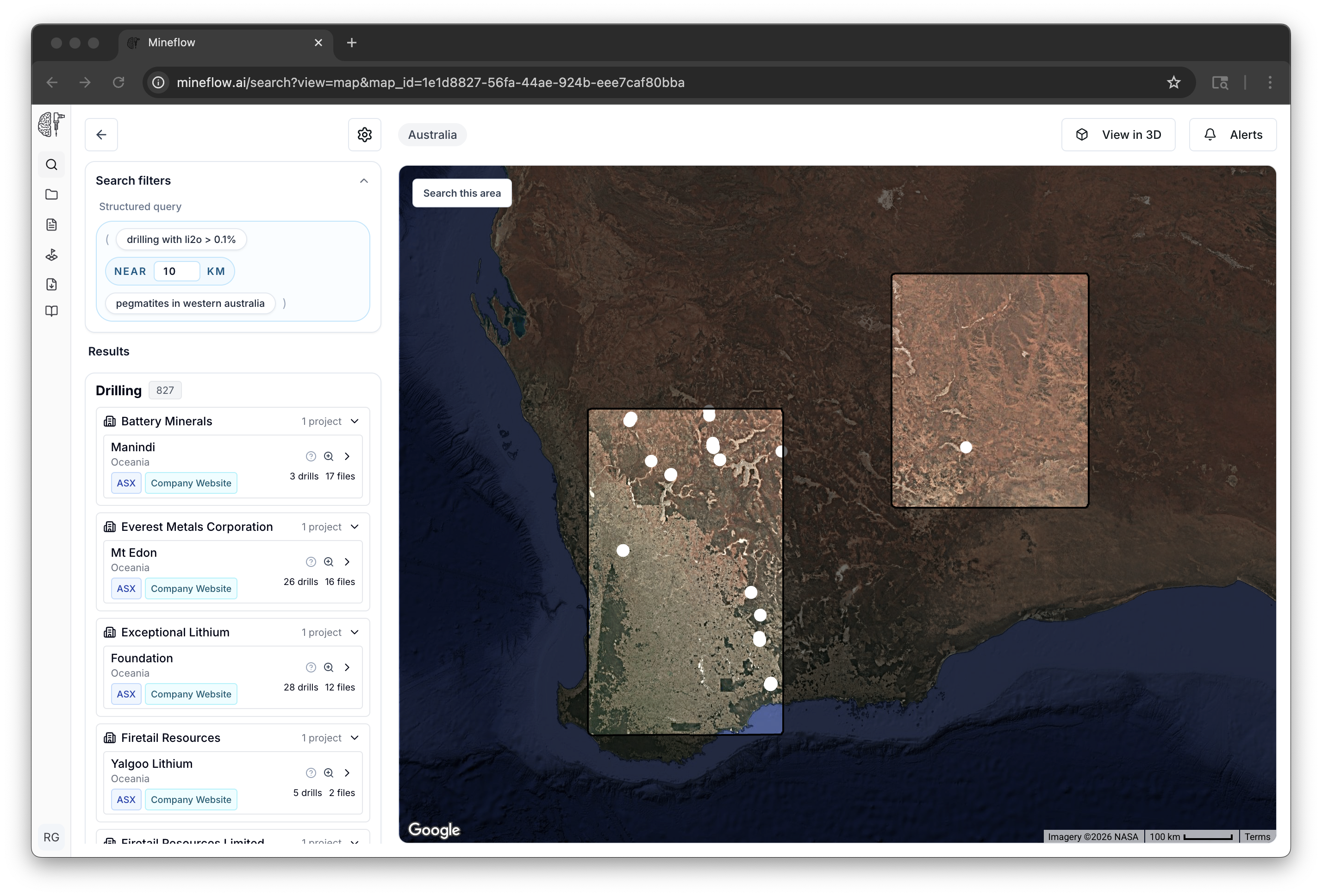 Complex semantic map search for Li2O-constrained drilling near pegmatites in Western Australia with the results panel visible.