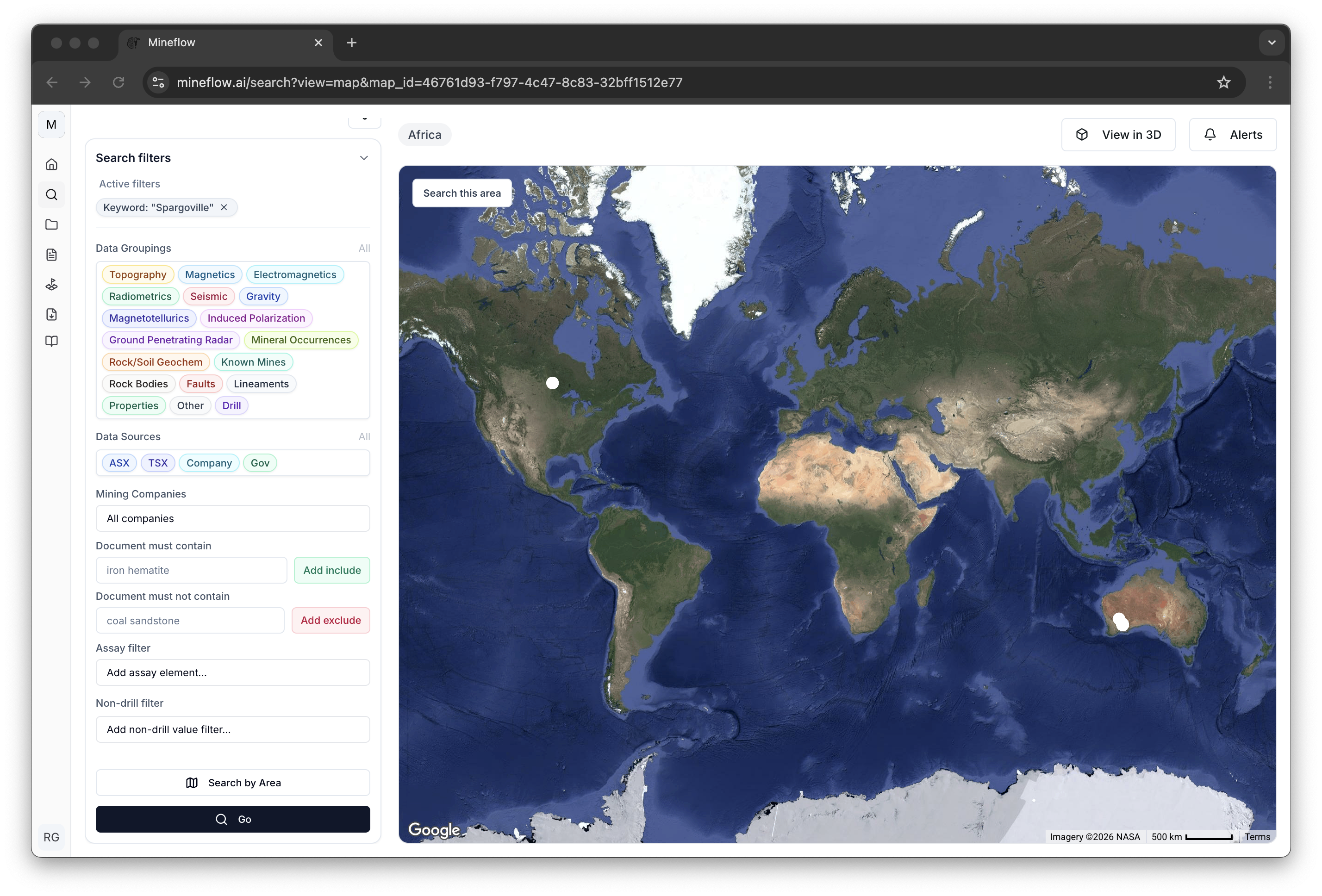 Expanded map search panel centered lower in the filter stack to show the drill and non-drill value filters.