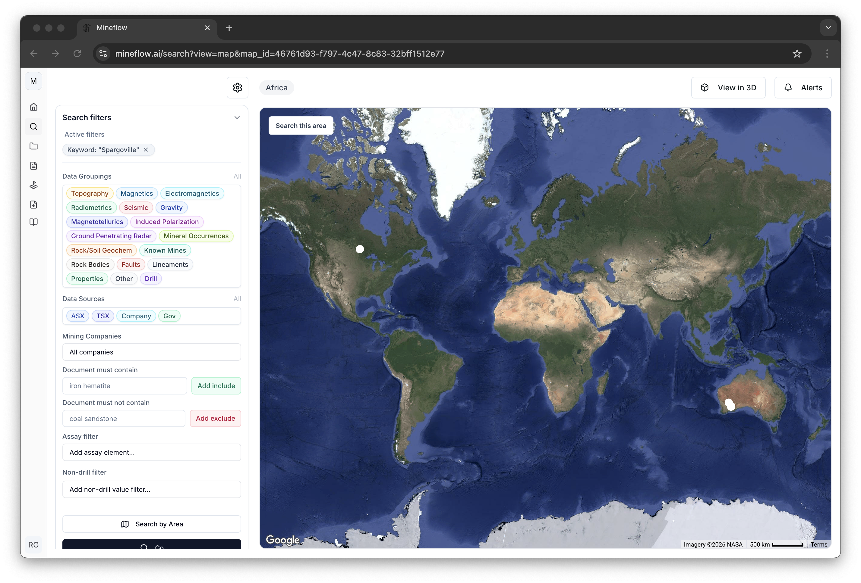 Expanded map search panel showing data groupings, data sources, companies, document-content filters, assay filters, and non-drill filters.