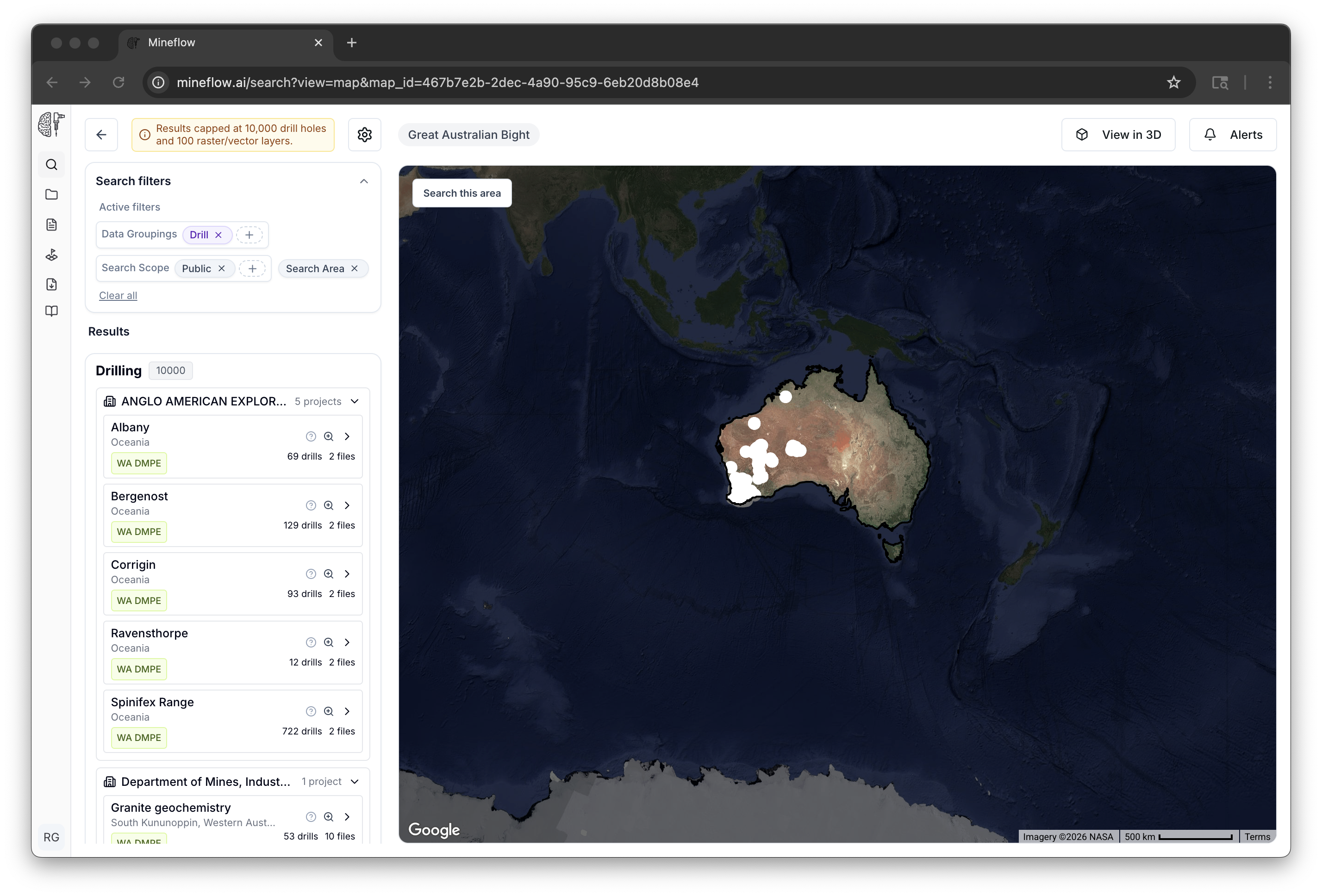 Semantic map search for drilling in Australia, with the left results panel visible.