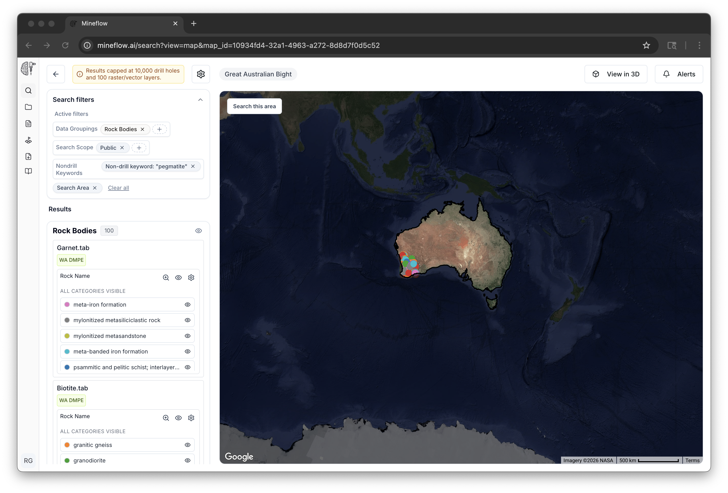 Semantic map search for pegmatites in Australia with non-drill results visible in the left panel.