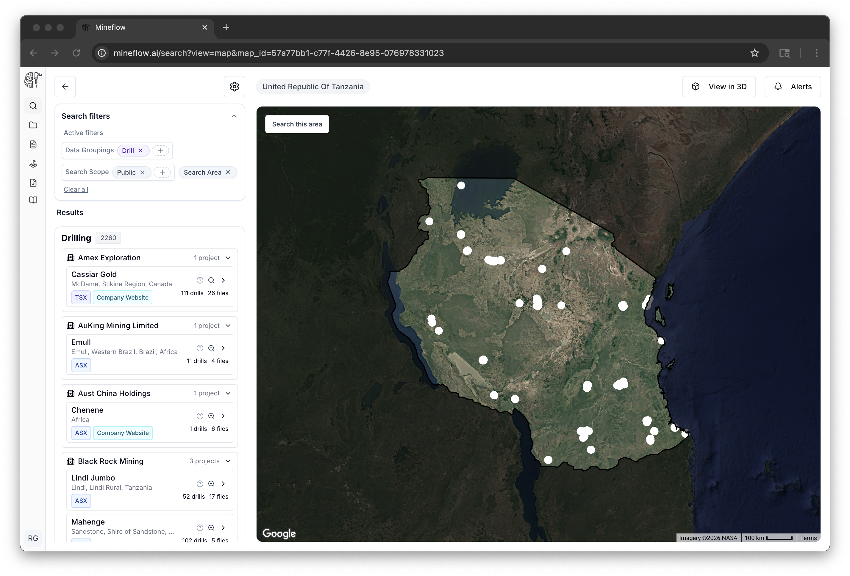 Semantic map search for drilling in Tanzania with the results list visible and the search filters collapsed.