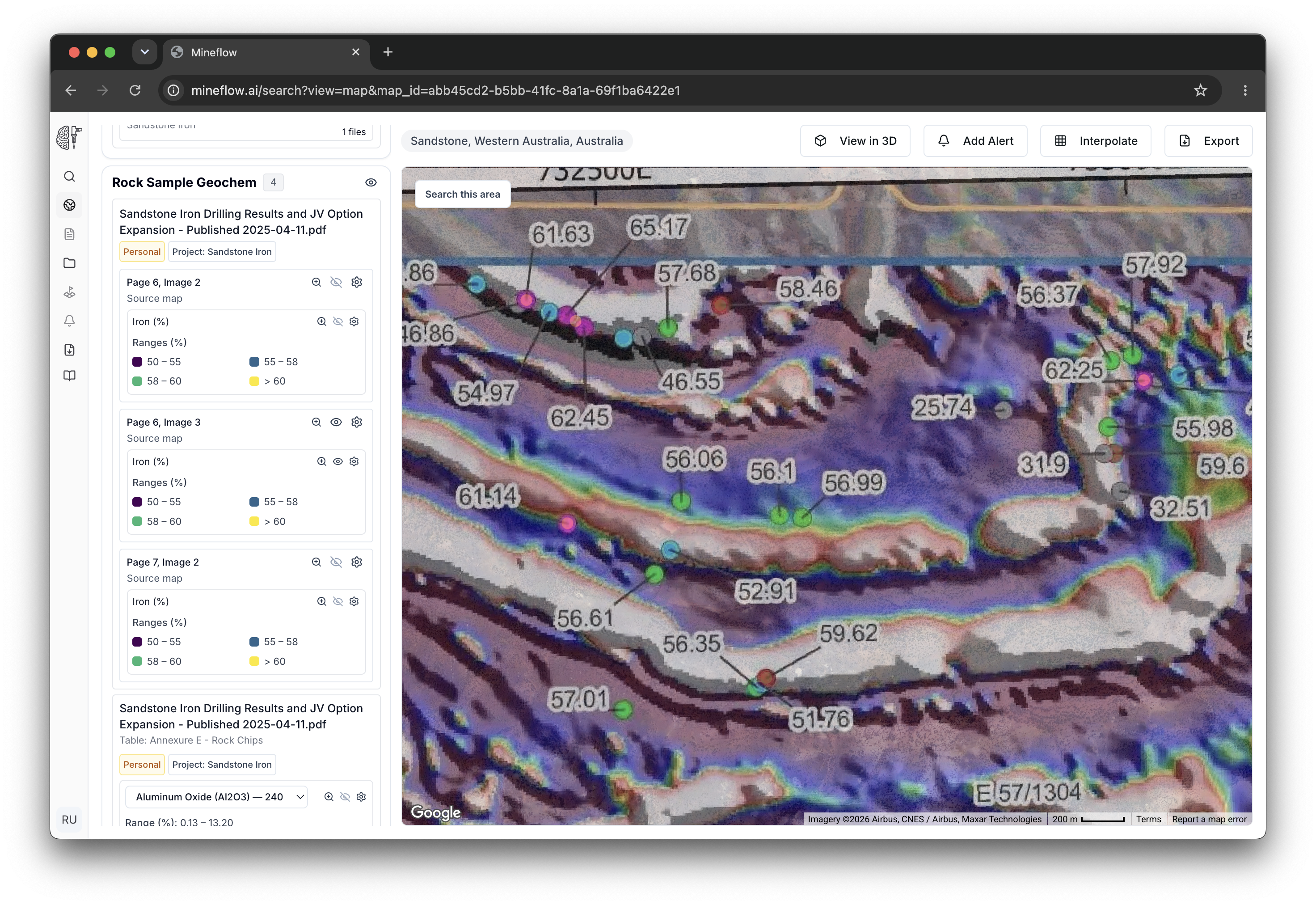 Vectorized Aurumin iron sample points overlaid on their source raster at 40 percent opacity.
