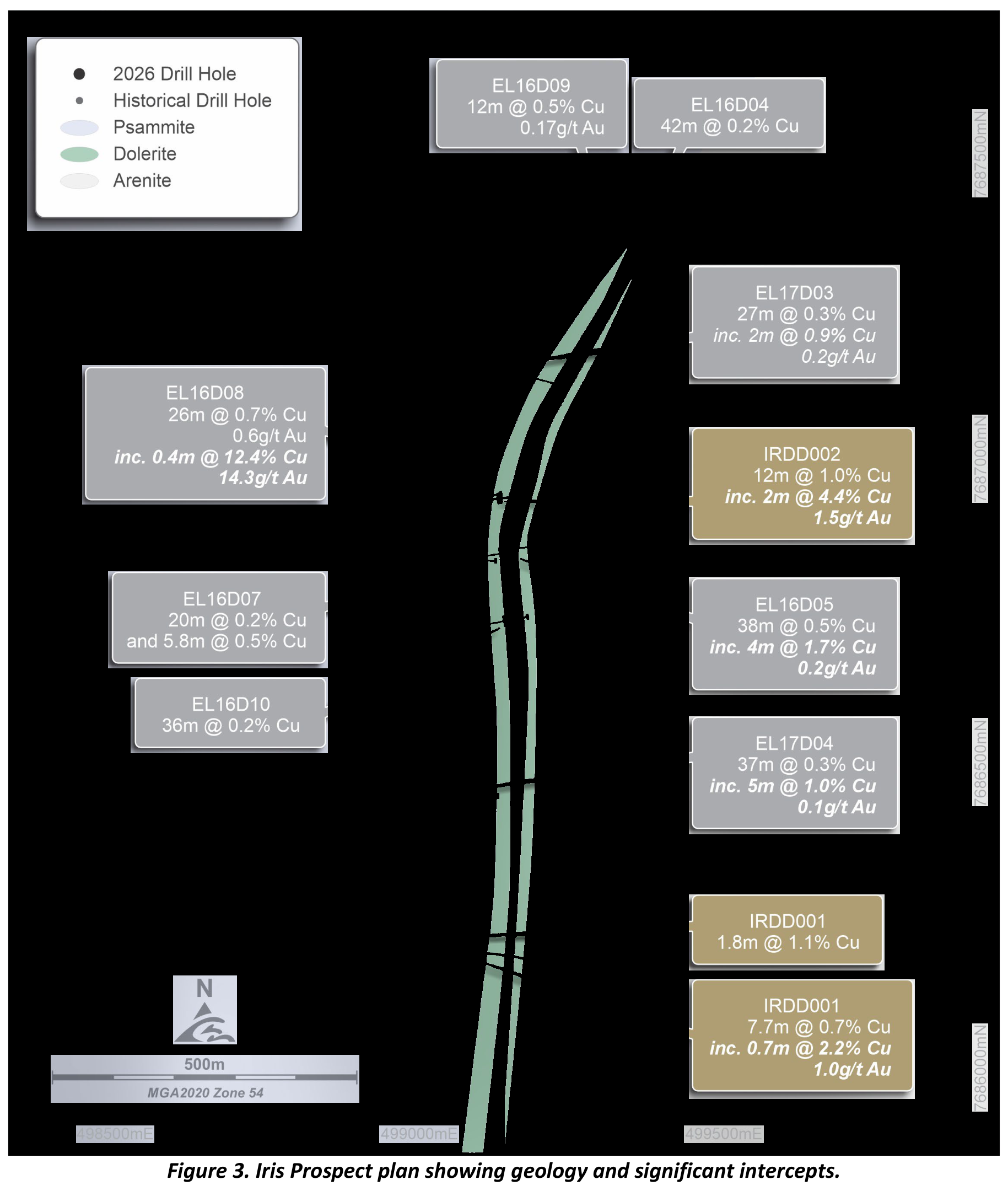 Iris Prospect Geology and Significant Intercepts: extracted Dolerite