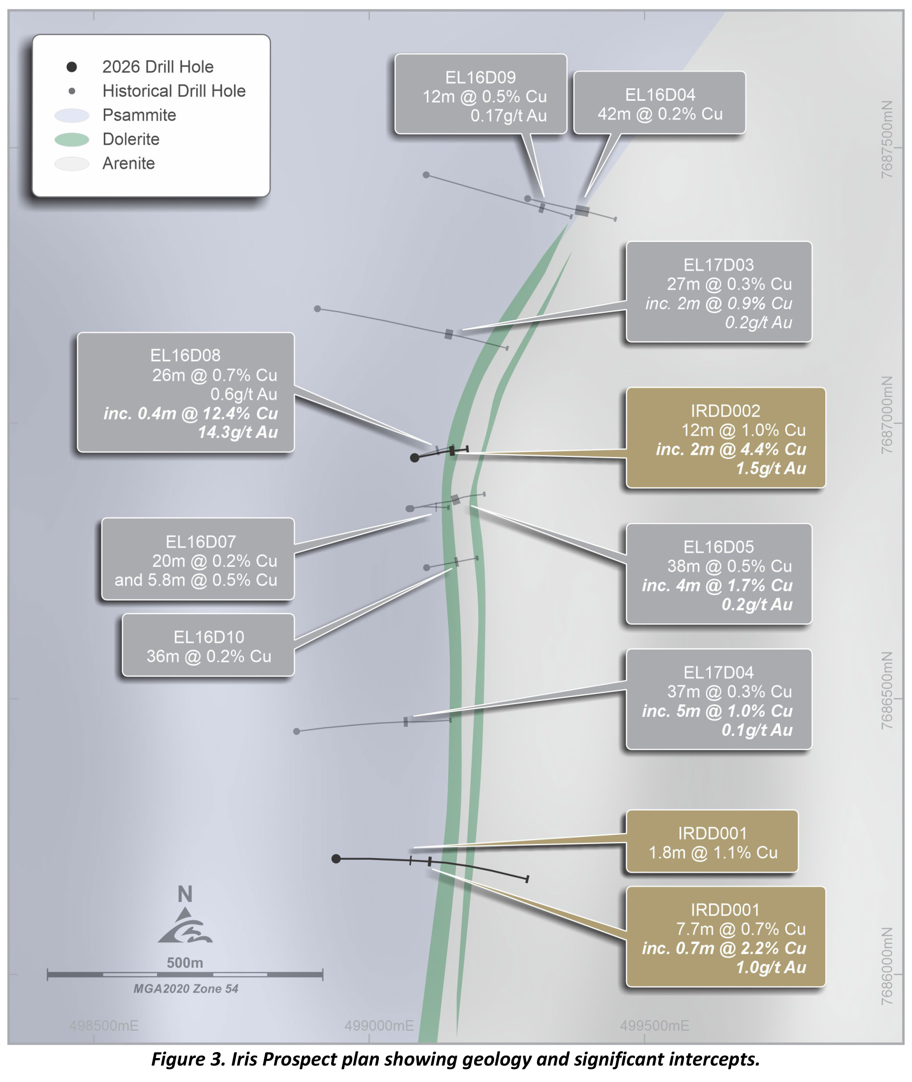 Iris Prospect Geology and Significant Intercepts: original map from AIC Mines