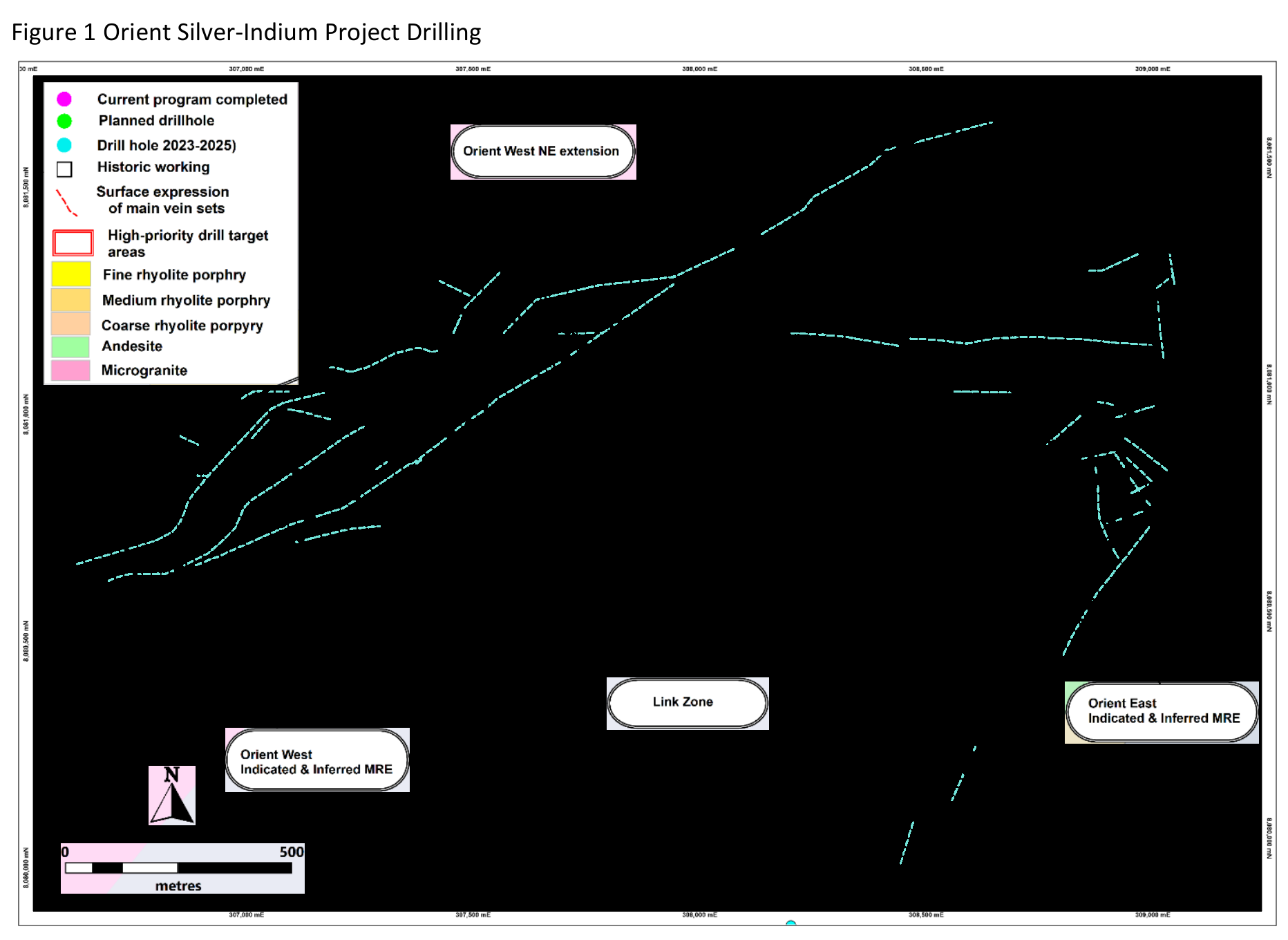 Orient Silver-Indium Project Drilling: extracted Surface expression of main vein sets