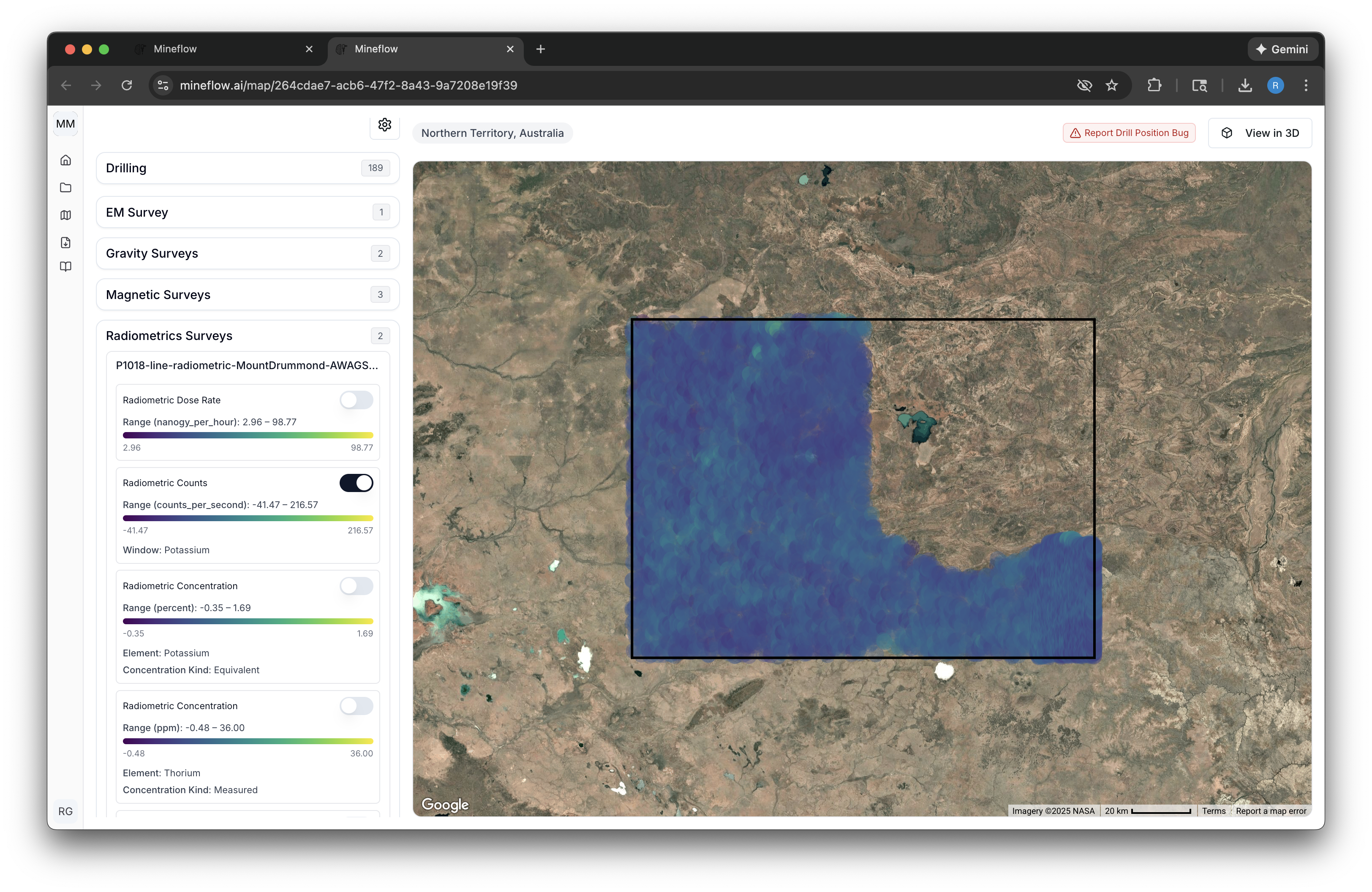Raster radiometric grid draped over terrain