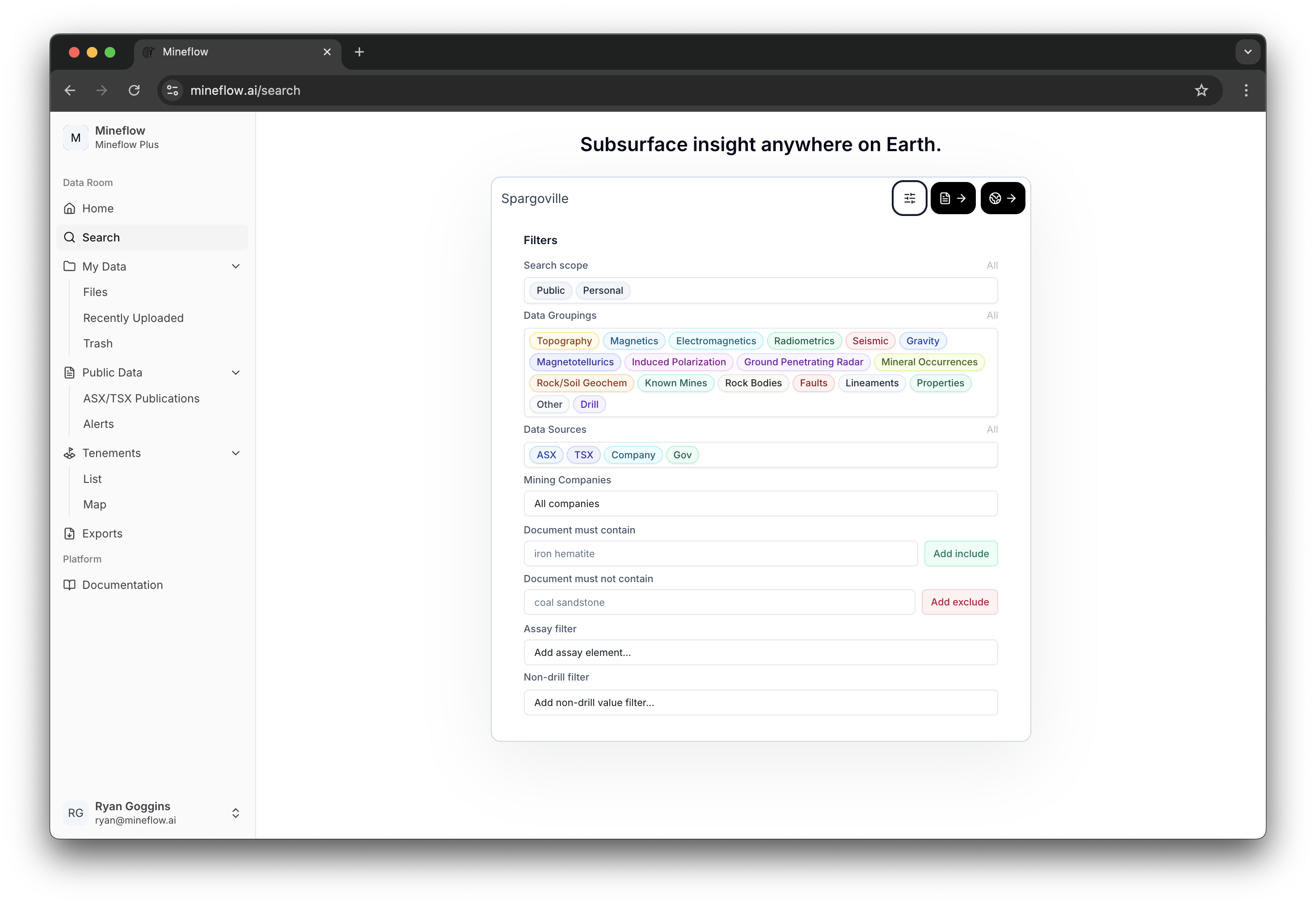Public search filters drawer showing search scope, groupings, data sources, company, document, assay, and non-drill filters.