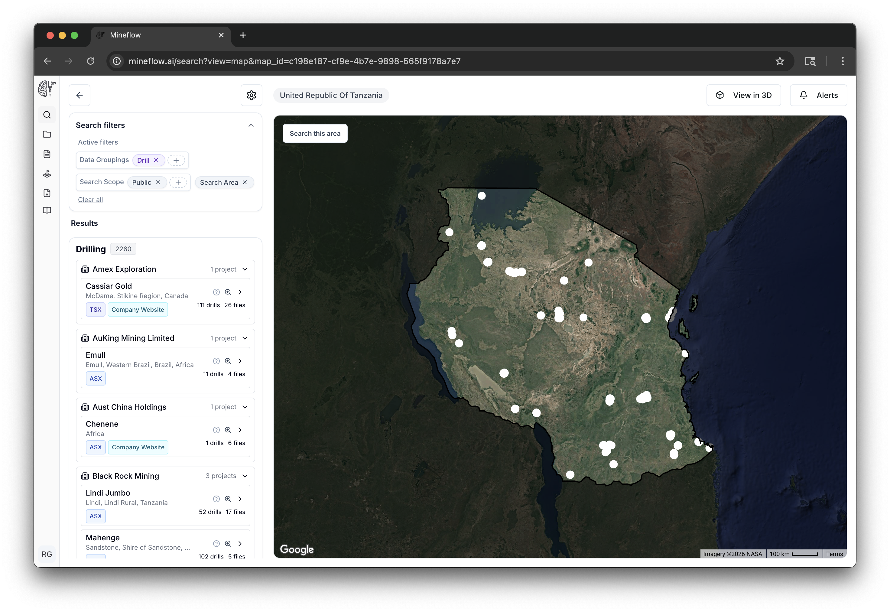Map Search opened directly from Search Overview, with the results panel on the left and a focused project map on the right.