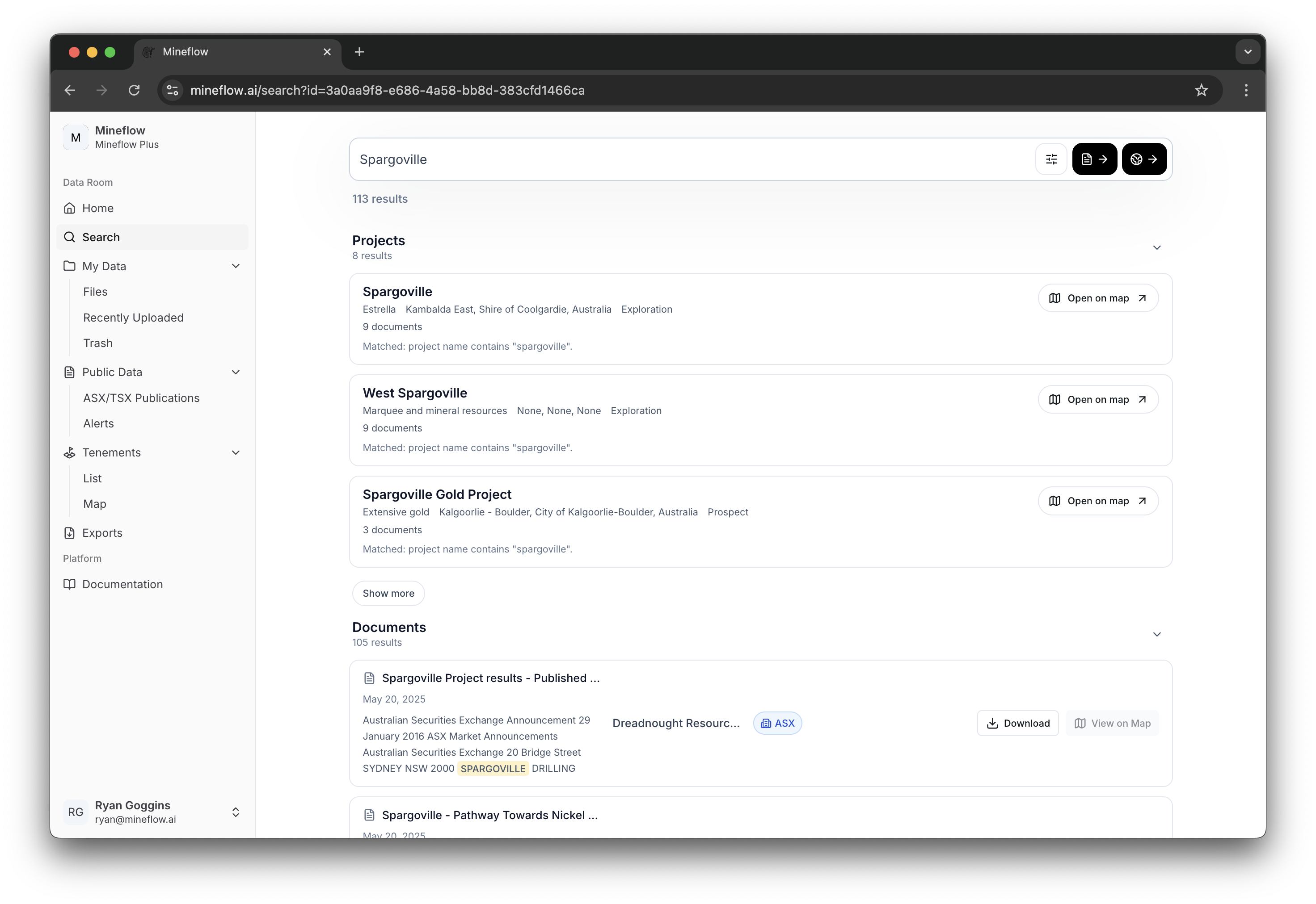 Public search results page showing grouped Projects and Documents sections for the Spargoville query.