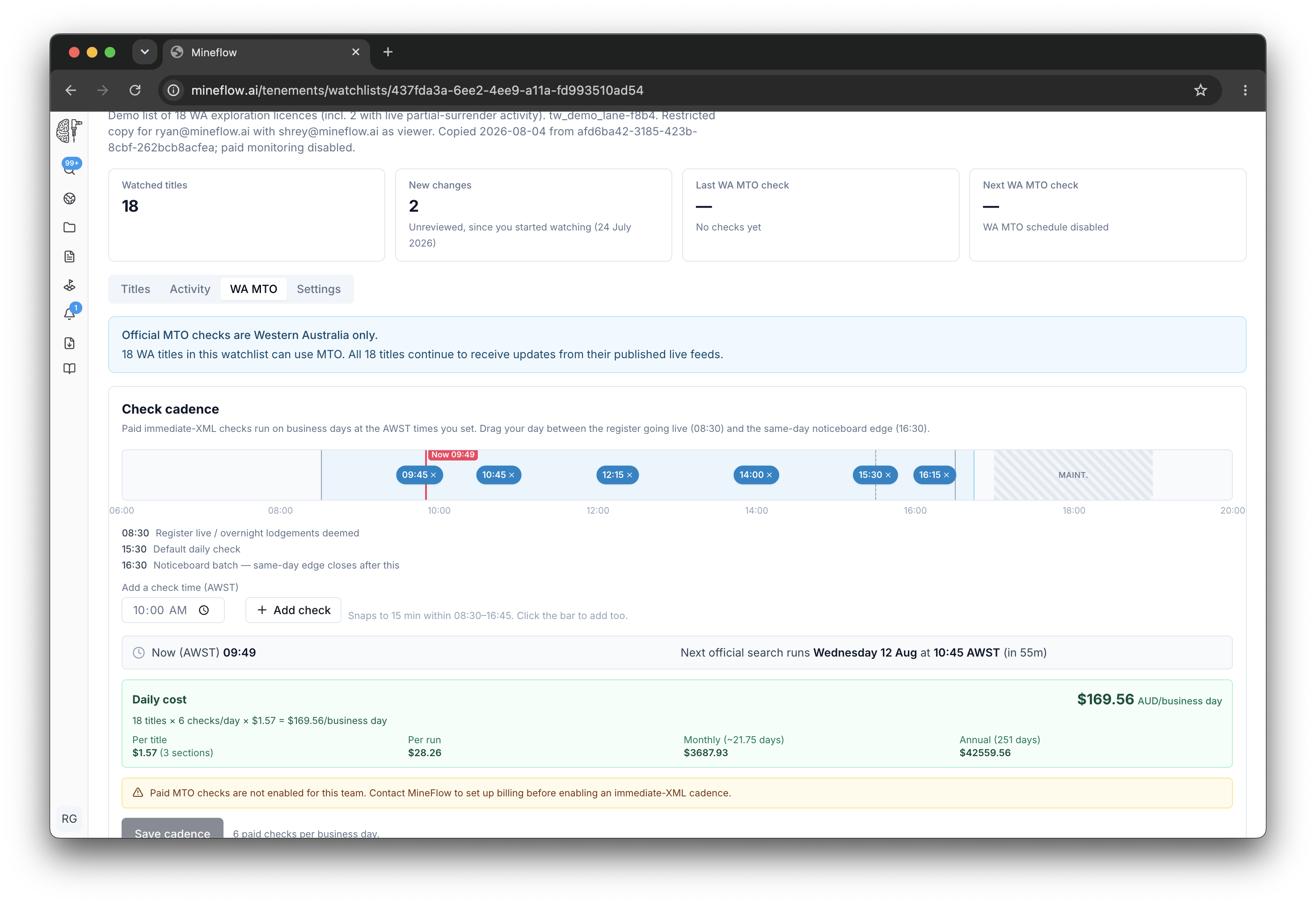 WA MTO cadence editor showing AWST check times, register markers, next run, and the live cost calculator.