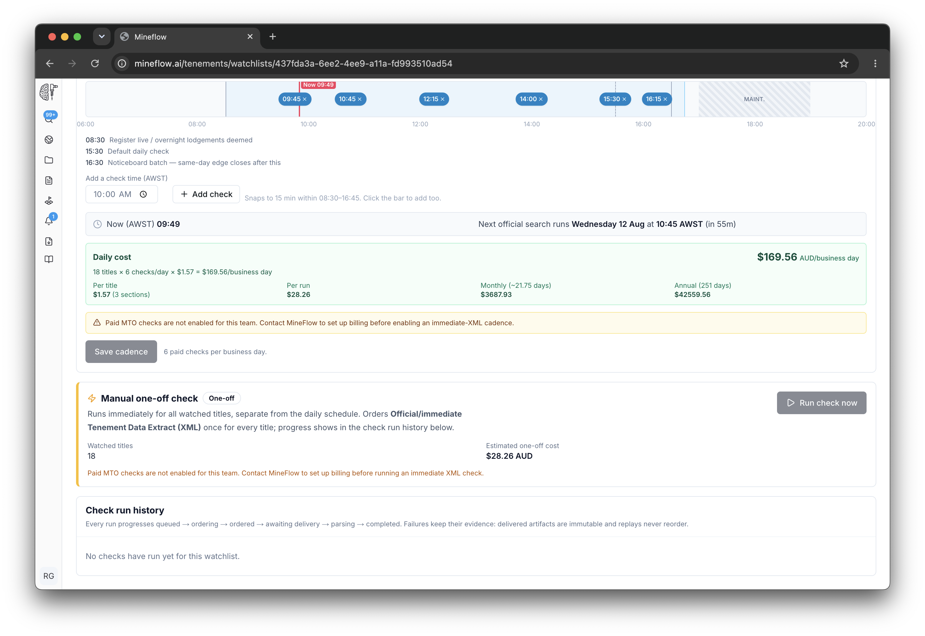 WA MTO tab centered on the manual one-off check and check run history areas.