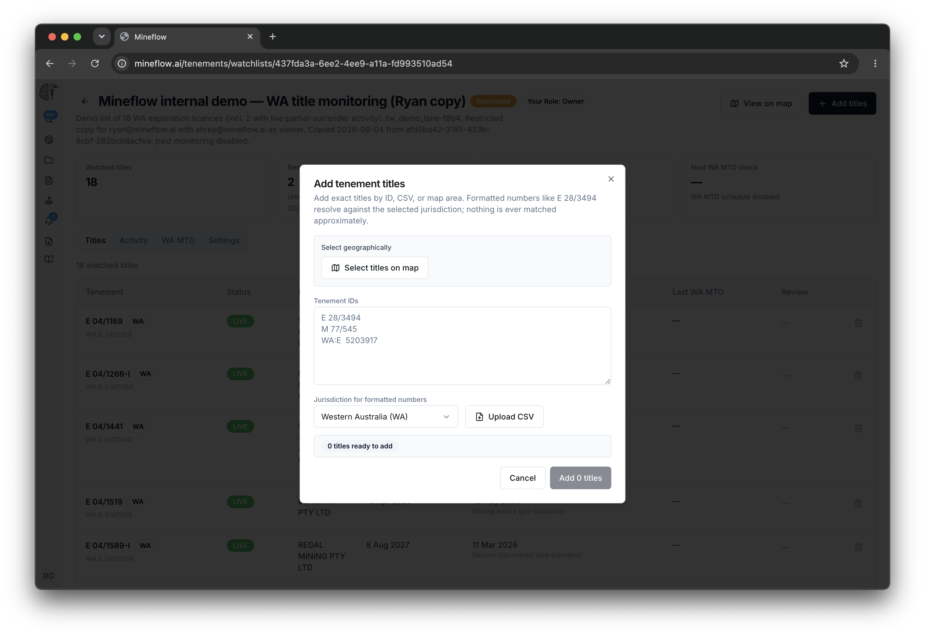 Add tenement titles dialog showing map selection, pasted title IDs, jurisdiction selection, CSV upload, and import preview.