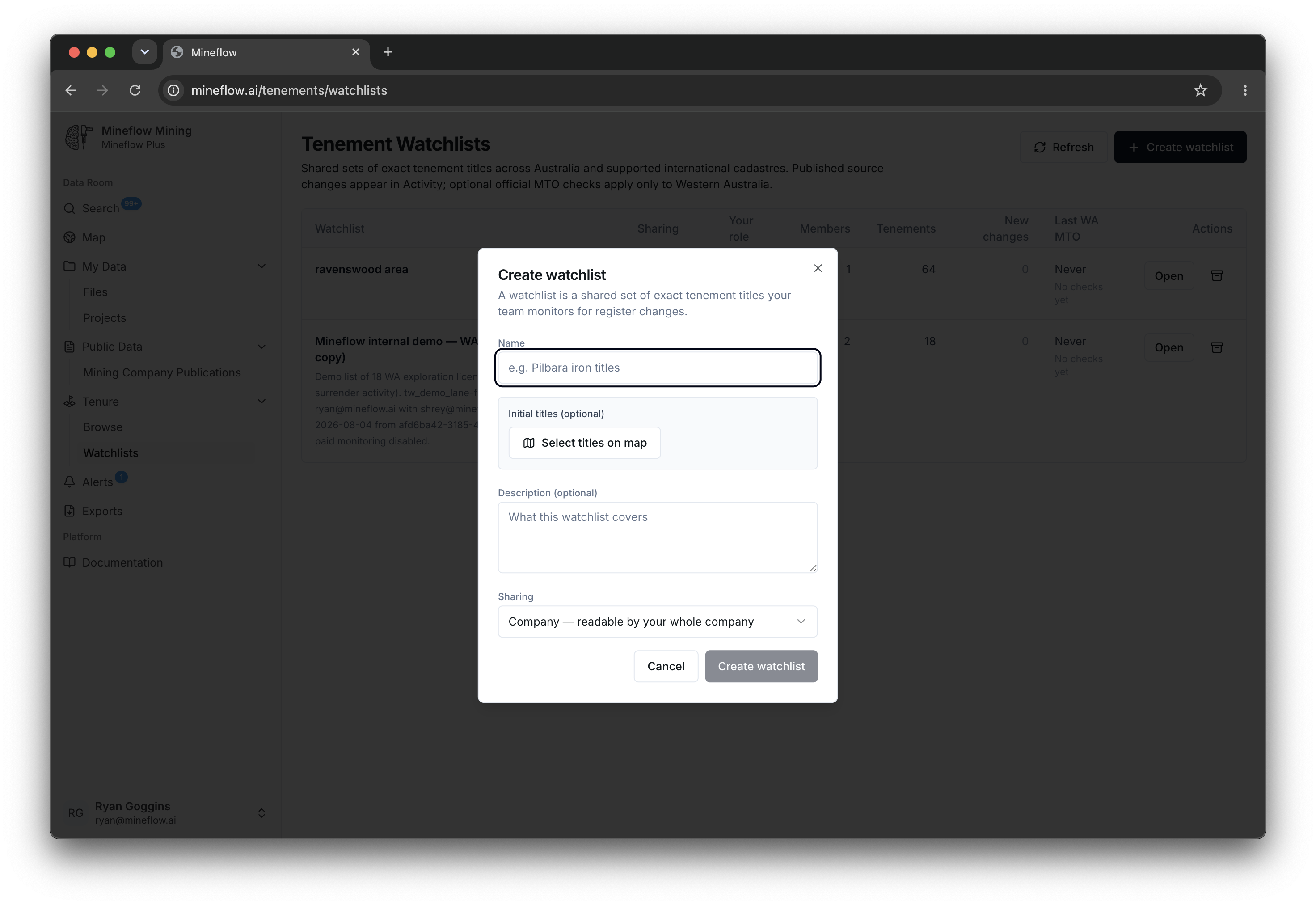 Create watchlist dialog with name, initial map selection, description, and sharing fields.