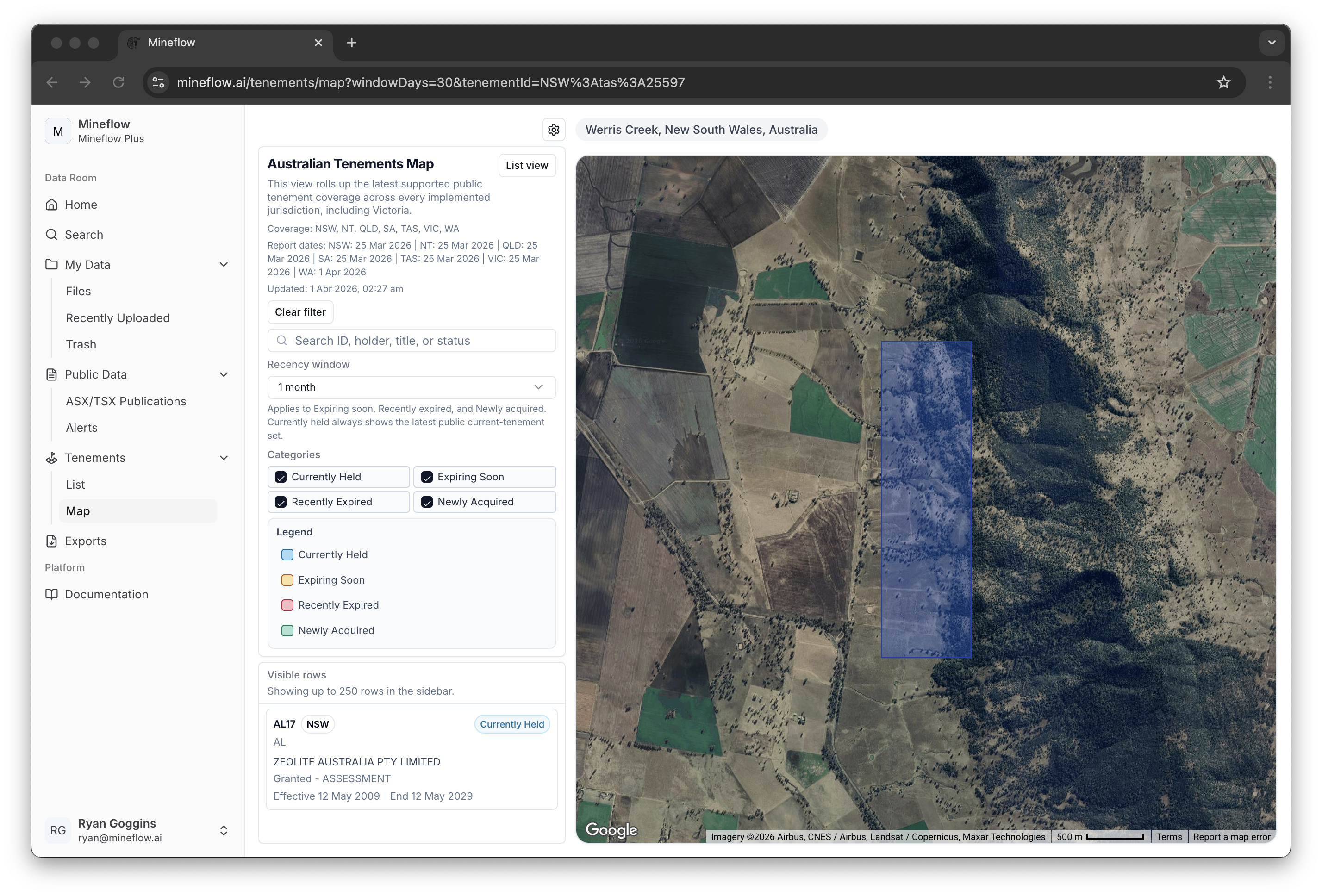 Australian Tenements map showing a selected tenure polygon after using View on Map.