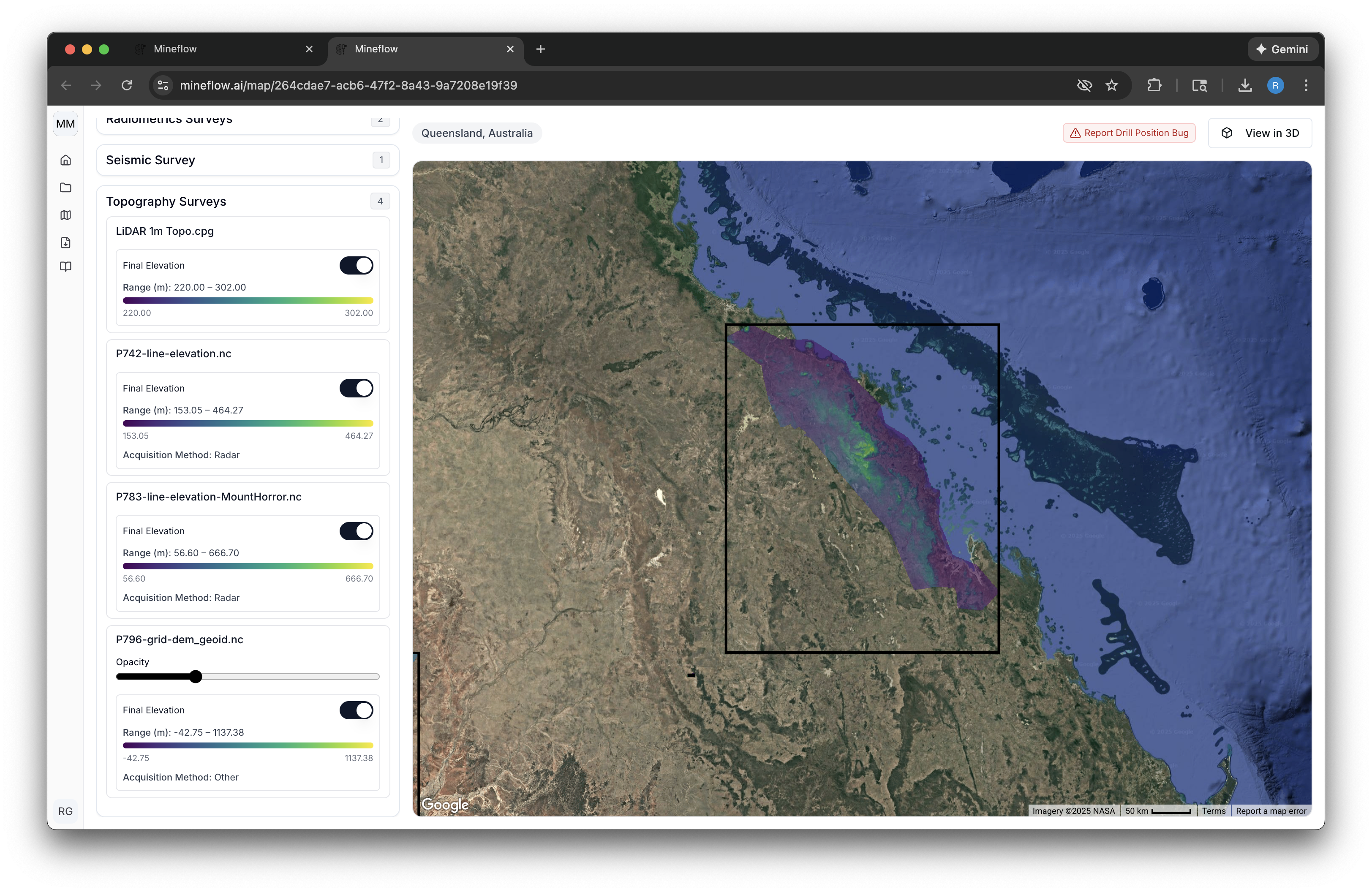 Raster topography displayed in Mineflow