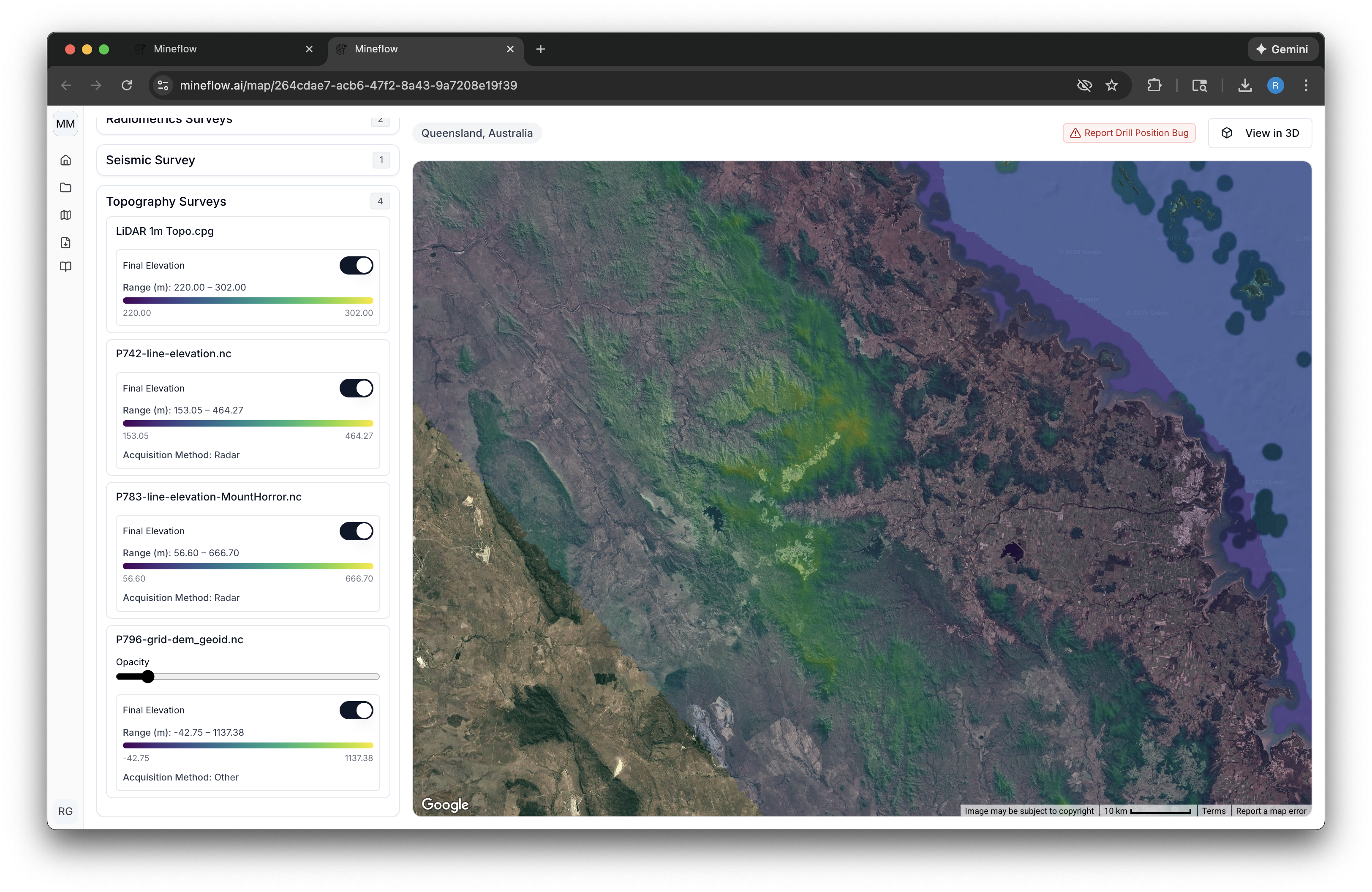 Zoomed-in perspective of Mineflow topography rendering