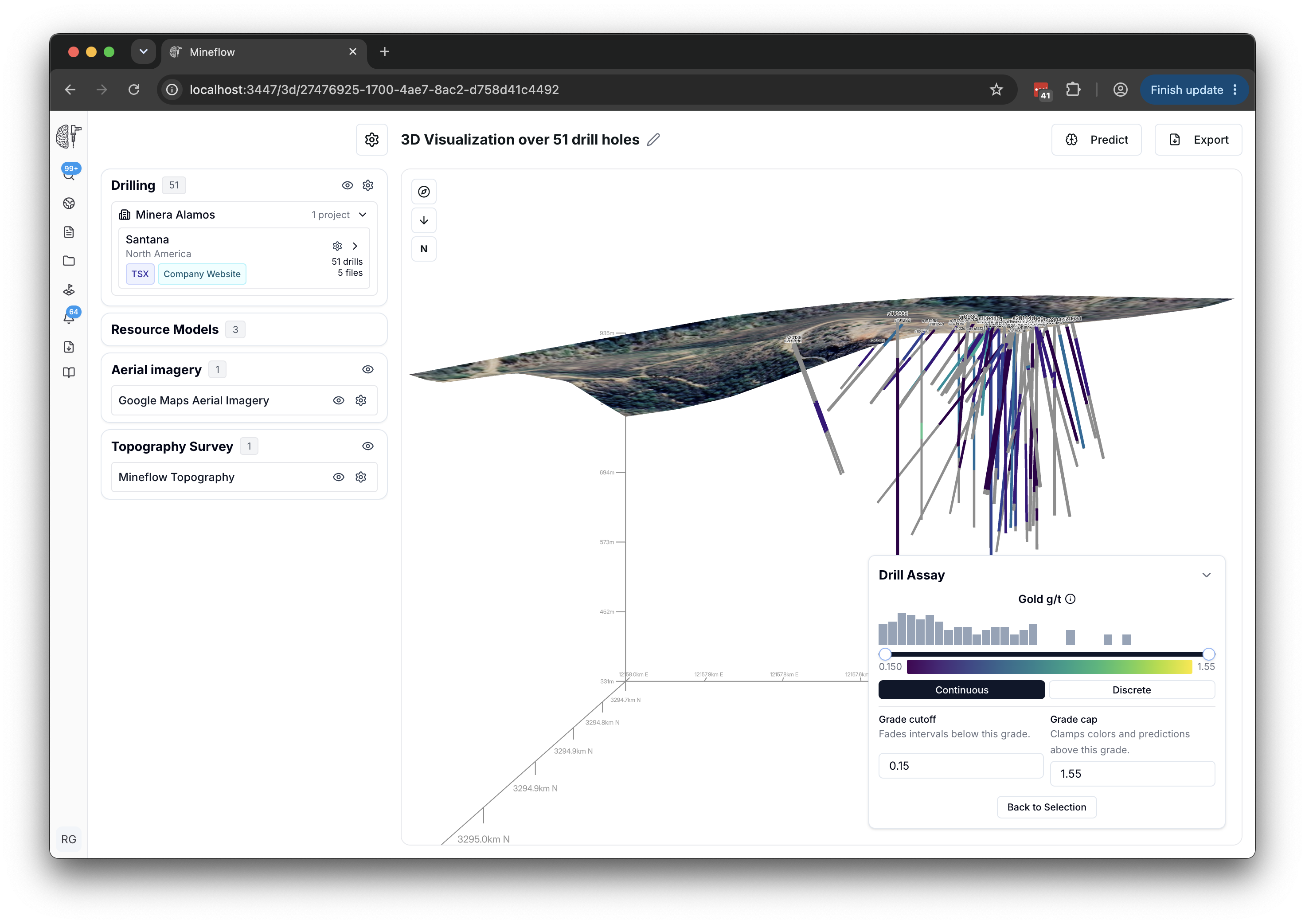 A 3D drilling view with assay settings and a readable colour legend.