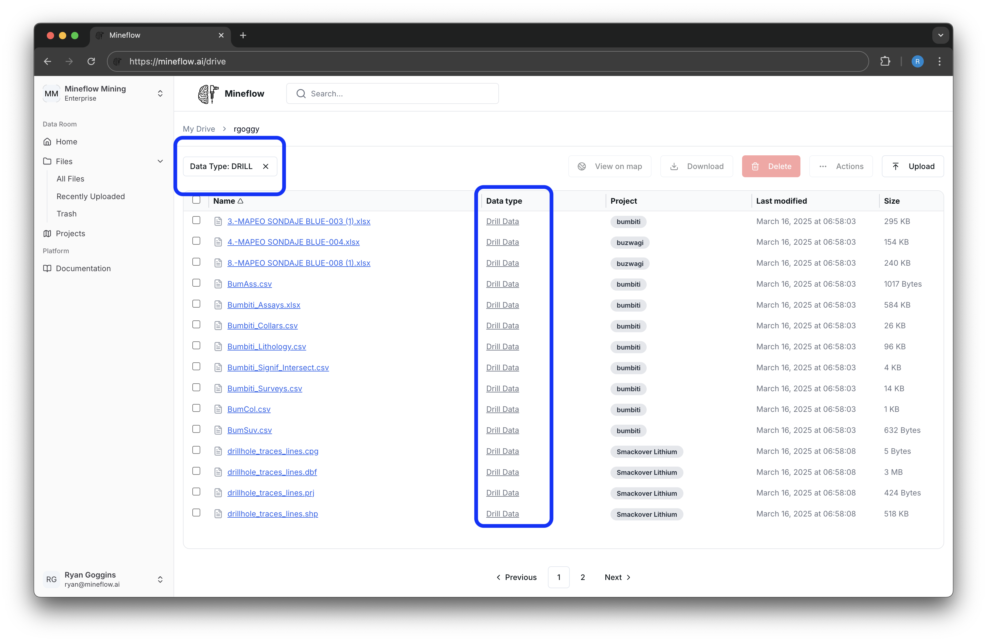 Home drive filtered to show only drill data files