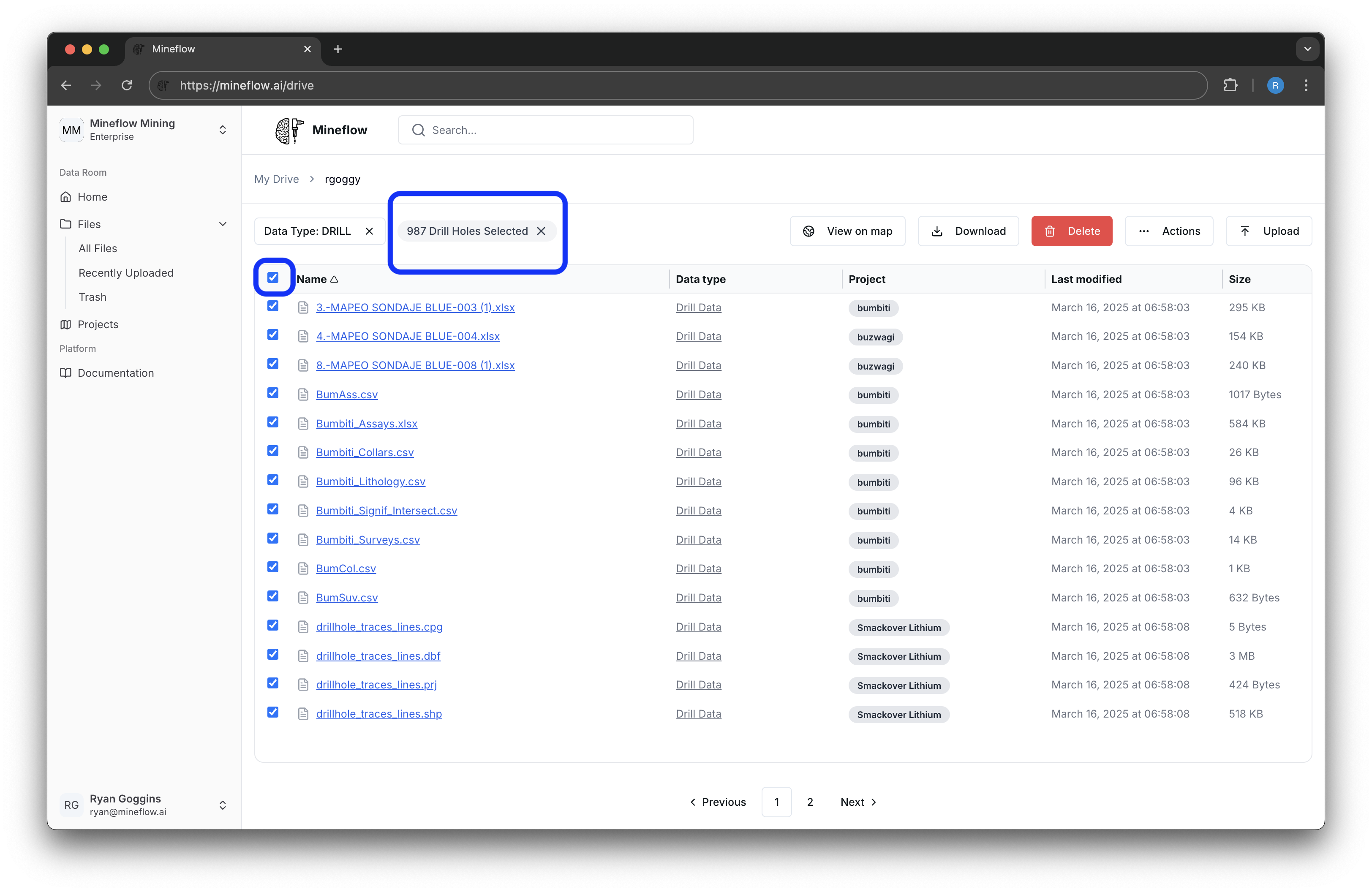 Viewing unique drill holes from selected files